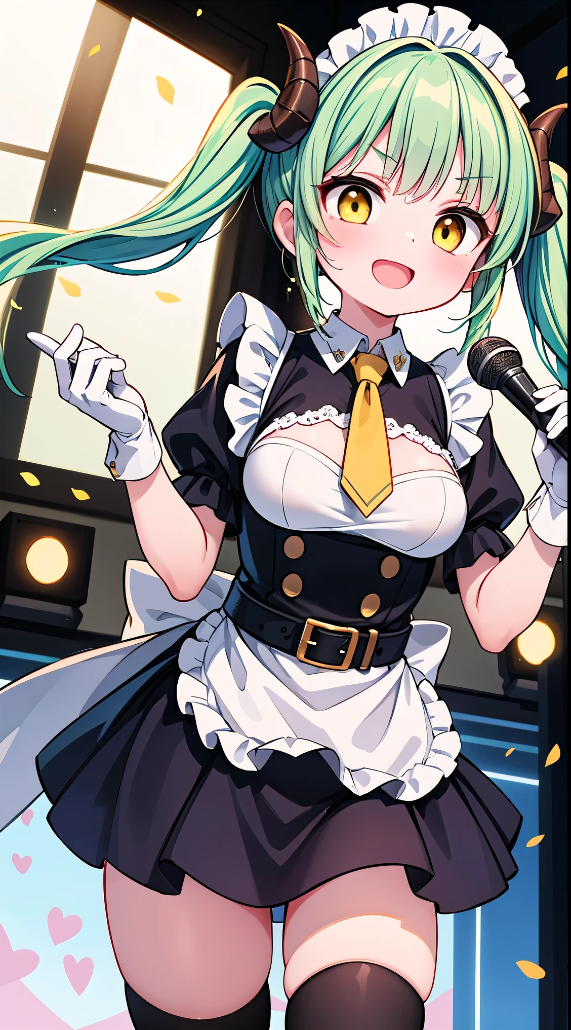 (masterpiece, top quality, best quality, official art, beautiful and aesthetic:1.2),ultra-detailed,intricate details,amazing illustration,award-winning art,atmospheric,
BREAK, 1 beautiful girl, (rs old girl),Solo,(cute:1.5),(chibi:0.6),(kawaii:1.5),(loli.5),BREAK, :d, (twintail, green hair, horns, long hair:1.35), (yellow eyes, double, slanted eyes:1.45), blush, double teeth, ((D cup breasts))), heart, gaze, maid, /maid dragon/, dragon tail, (long eyelashes, double eyelids, fine eyebrows:1.2), solo, glowing skin, clear skin, beautiful skin, (top quality face), (top quality slanted eyes), maid outfit, gloves, open mouth, short sleeves, smile, white gloves,
BREAK,arms below breasts,
BREAK, necktie, leather jacket, plaid skirt, belt, boots, black legwear,
BREAK
singing, shouting, microphone, (holding microphone stand:1.2), (leaning forward:0.7), serious,
BREAK
spotlight, stage lights,
BREAK,wakame,wakame,wakame,(Cowboy Shot:1.4),
BREAK,(Blurry background:1.3),(absurderes, hight resolution, Super Detail Art),cel shading,Clear Color, Lonely optical effect, Beautiful pictures, Bright glow, mystic atmosphere,(Close-up of girl:1.1), Mystical light particle effect,manga influence, clean line drawings,
