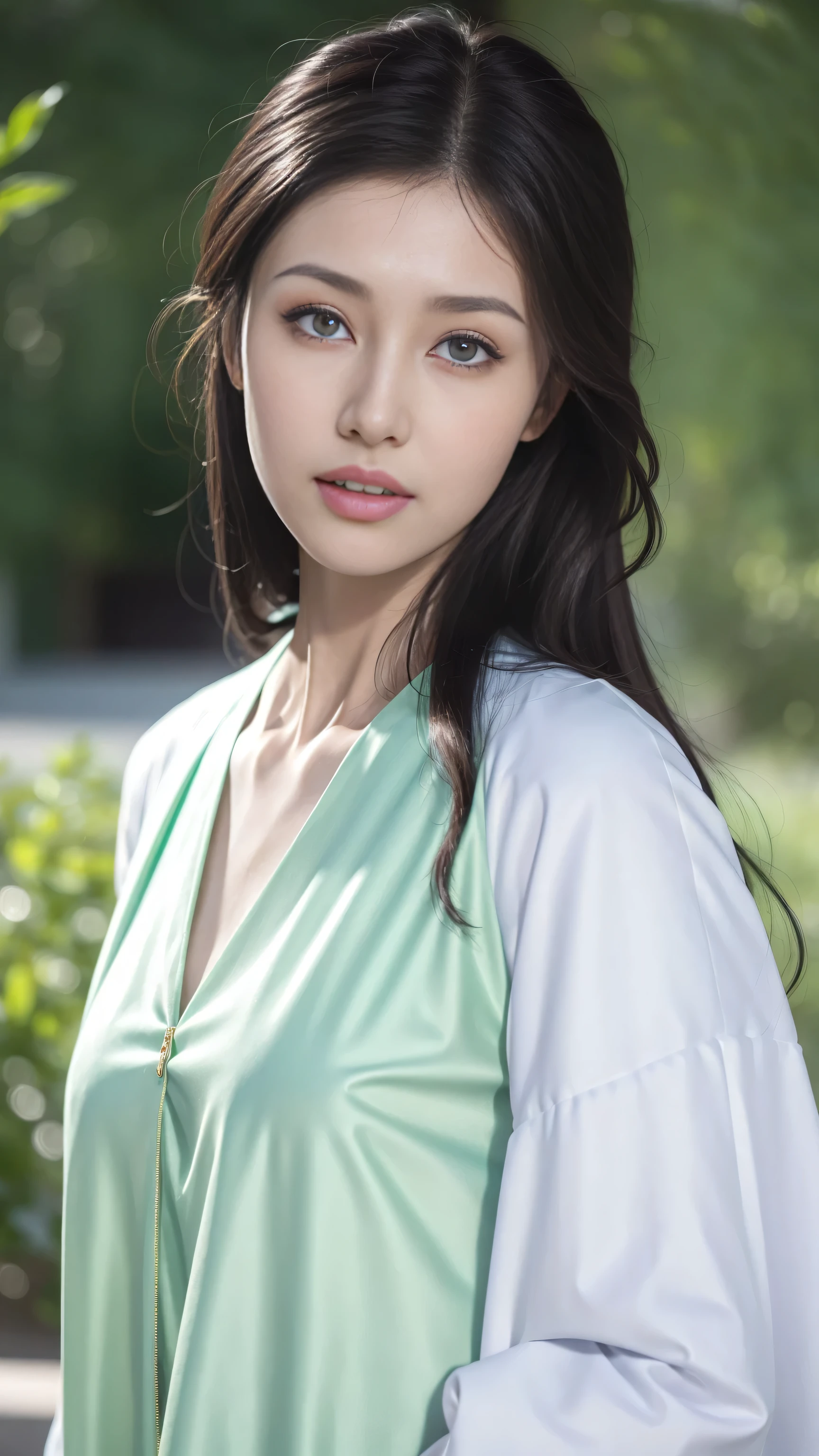 Fashion model 25 years old [[[[close up]]]], [[[[]]]], [[[[]]]], [[[[Shoulder]]]], perfect eyes, perfect iris，perfect lips，perfect teeth，perfect skin，long face，high dynamic range，movie girl，long hair，Light green clothes，Lilac clothing，white apparel，（pastel colors：1.2）