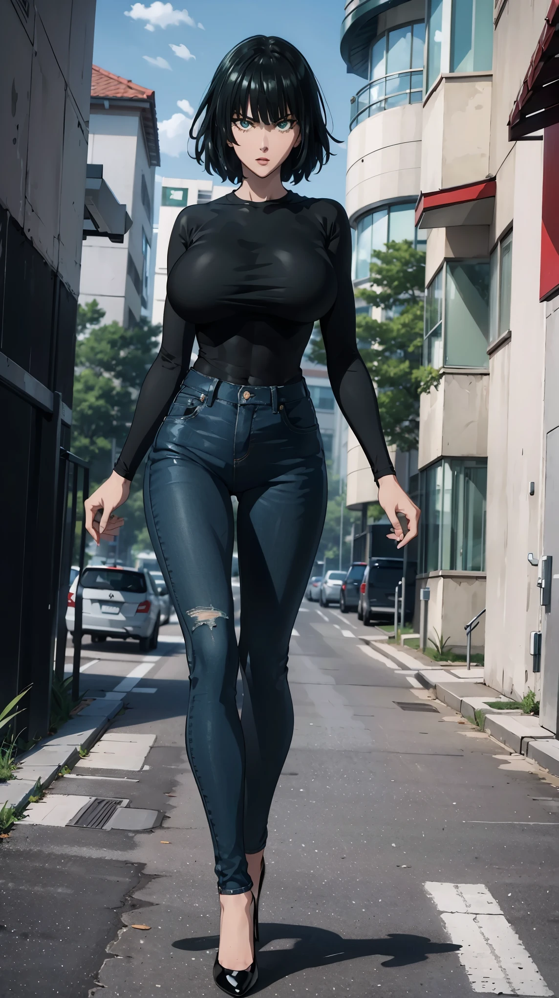 Fubuki from One Punch Man, masterpiece, best quality, 8K, UHD, ultra detailed, ,sexy pose, full body ,beatiful green eyes, beatiful hair, wearing black thight jeans , wearing a tight white box t-shirt, wearing high heels, sexy leg, sexy boobs