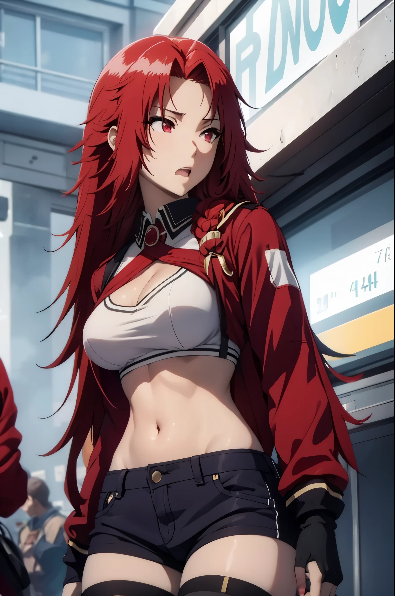 (((embarrased))),red eyes,red eyes,(bra,shorts),cleanched teeth,perfect eyes,best quality