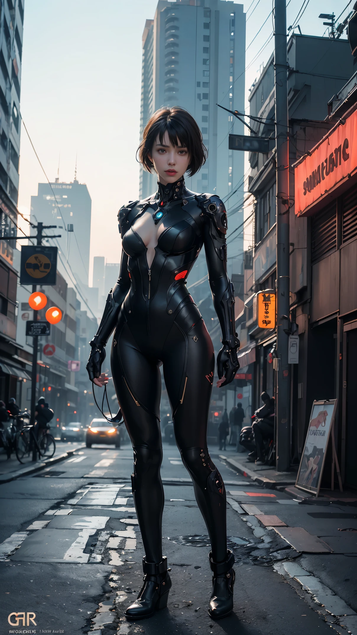 Top Quality, Masterpiece, Ultra High Resolution, ((Photorealistic: 1.4), Raw Photo, 1 cyberpunk Girl, Glossy Skin, 1 Mechanical Girl, (Ultra Realistic Details)), mechanical limbs, tubes connected to the mechanical parts, mechanical vertebrae attached to the spine, mechanical cervical attachment to the neck, wires and cables connecting to the head, Evangelion, Ghost in the Shell, small glowing LED lamps, global lighting, deep shadows, Octane Rendering, 8K, Ultra Sharp, Metal, Intricate Ornament Details, baroque details, Very intricate details, realistic light, CGSoation trend, facing the camera, neon details, (android manufactory in background), art by H.R. Giger and Alphonse Mucha. ((Full body))