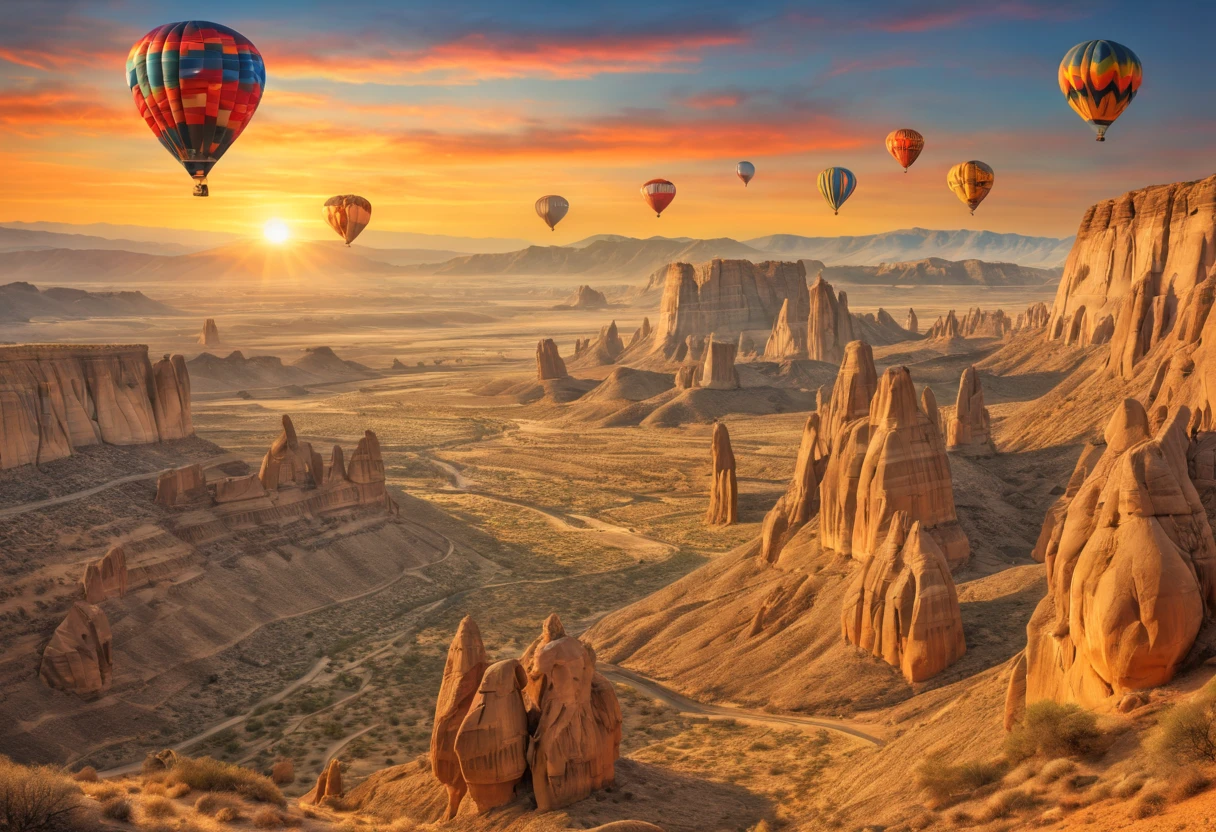 (masterpiece, best quality:1.4),( absurdres, high resolution, ultra detailed:1.2), Photo of a beautiful sunrise over mountain landscape in Desert Canyon, Hot Air Balloons, stunning desert, epic fairy chimneys, (sunrise background), photo realistic, intricate detail, HDR, fantasy art, beautiful, radiant, colorful, serene, hyperdetailed, iridescent, vapor, ethereal, vibrant