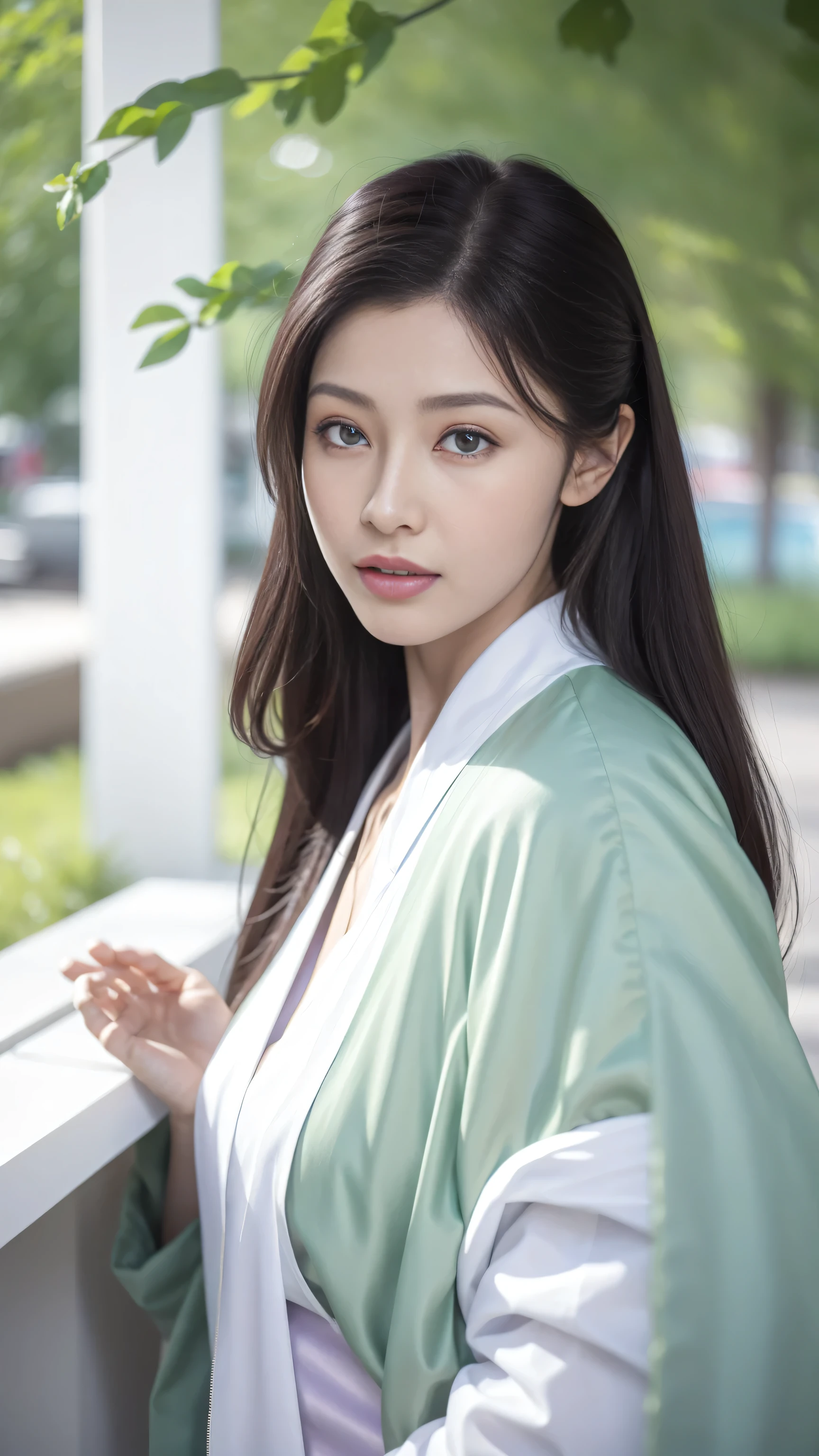 Fashion model 25 years old [[[[close up]]]], [[[[]]]], [[[[]]]], [[[[Shoulder]]]], perfect eyes, perfect iris，perfect lips，perfect teeth，perfect skin，long face，high dynamic range，movie girl，long hair，Light green clothes，Lilac clothing，white apparel，（pastel colors：1.2）