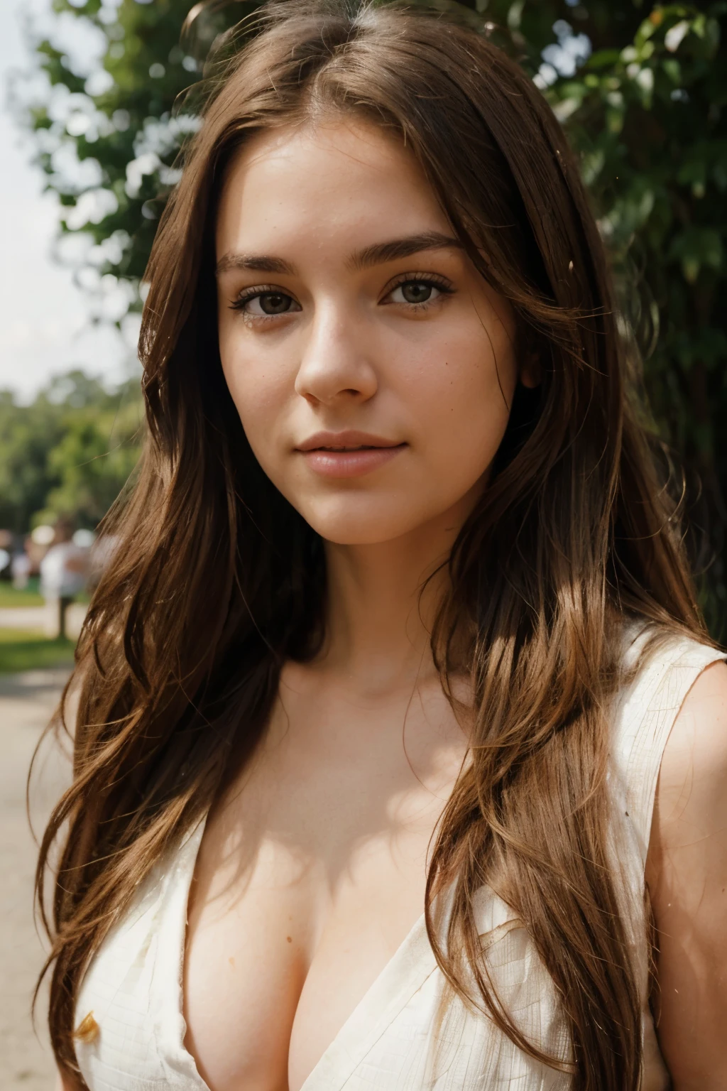 A photorealistic portrait of a 25-year-old American girl with long, flowing brown hair and striking brown eyes. She should have a natural, approachable expression and be illuminated by soft, golden-hour sunlight. The background should be a scenic outdoor setting, perhaps a sunlit park or beach. Capture this image with a high-resolution photograph using an 85mm lens for a flattering perspective. Medium tits