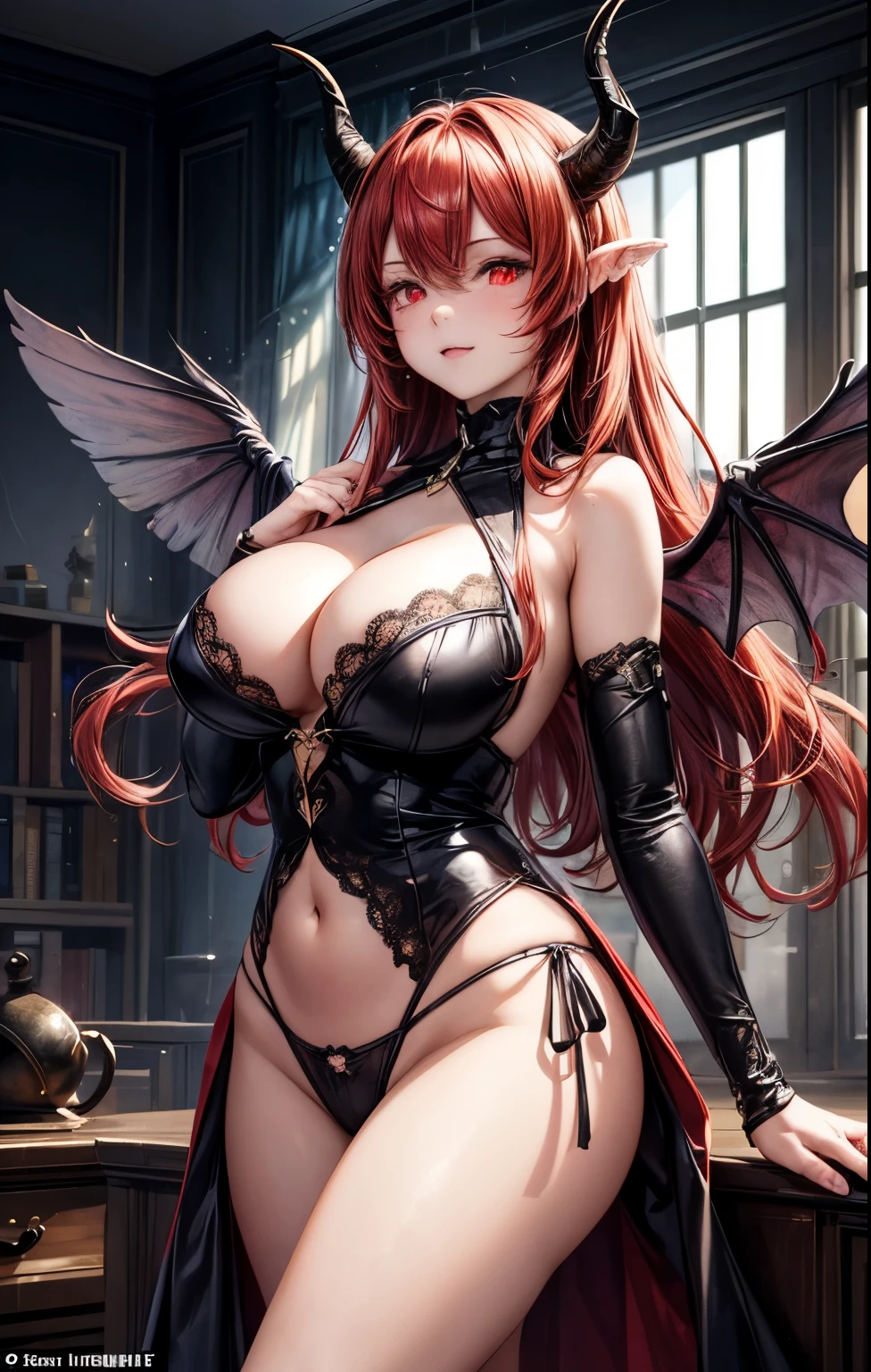 (masterpiece), (highest quality:1.2), 1 female, (masterpiece:1.3), exquisite details, highest qualityの8K解像度, Super detailed, reality, Bright colors, soft tones, With warm and gentle lighting, (buckshot:1.5), (Has demon wings, horns, and a tail), (long wavy red hair), Wearing black underwear, fascinating look, (red eyes:1.8, glowing eyes:1.5), (big breasts, tight waist, Big buttocks with taut)