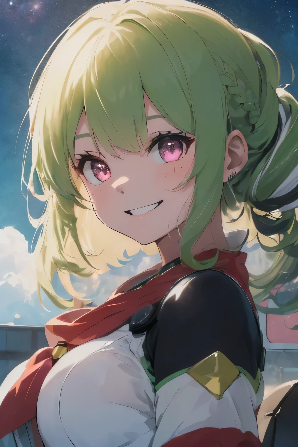 (gold and green two-tone hair:1.3),(Curly hair with a lot of fluff:1.4),(braided hair:1.3),(With bangs),(pink eyes:1.25),Slight red tide,(Beautiful breasts spilling out of clothes:1.3),(The eyes are shining brightly:1.2),(eye size:1.7),(gundam:1.4),(red body robot:1.25),(dazzling spotlight),(A soft atmosphere in the sky:1.3),(soft touch illustration:1.3),(standing in front of a robot:1.25),(I hold back my hair that is blowing in the wind with my hand),(smile:1.2),(pov from down:1.2),(slouch:1.3),(close up of face:1.3),