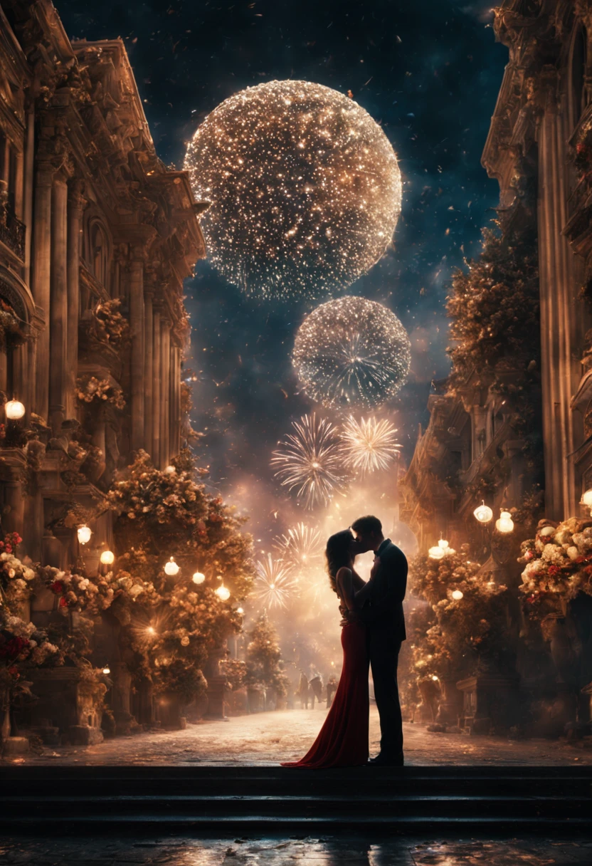Countdown to Midnight, new year's eve, couple kissing. Epic cinematic brilliant stunning intricate meticulously detailed dramatic atmospheric maximalist digital matte painting