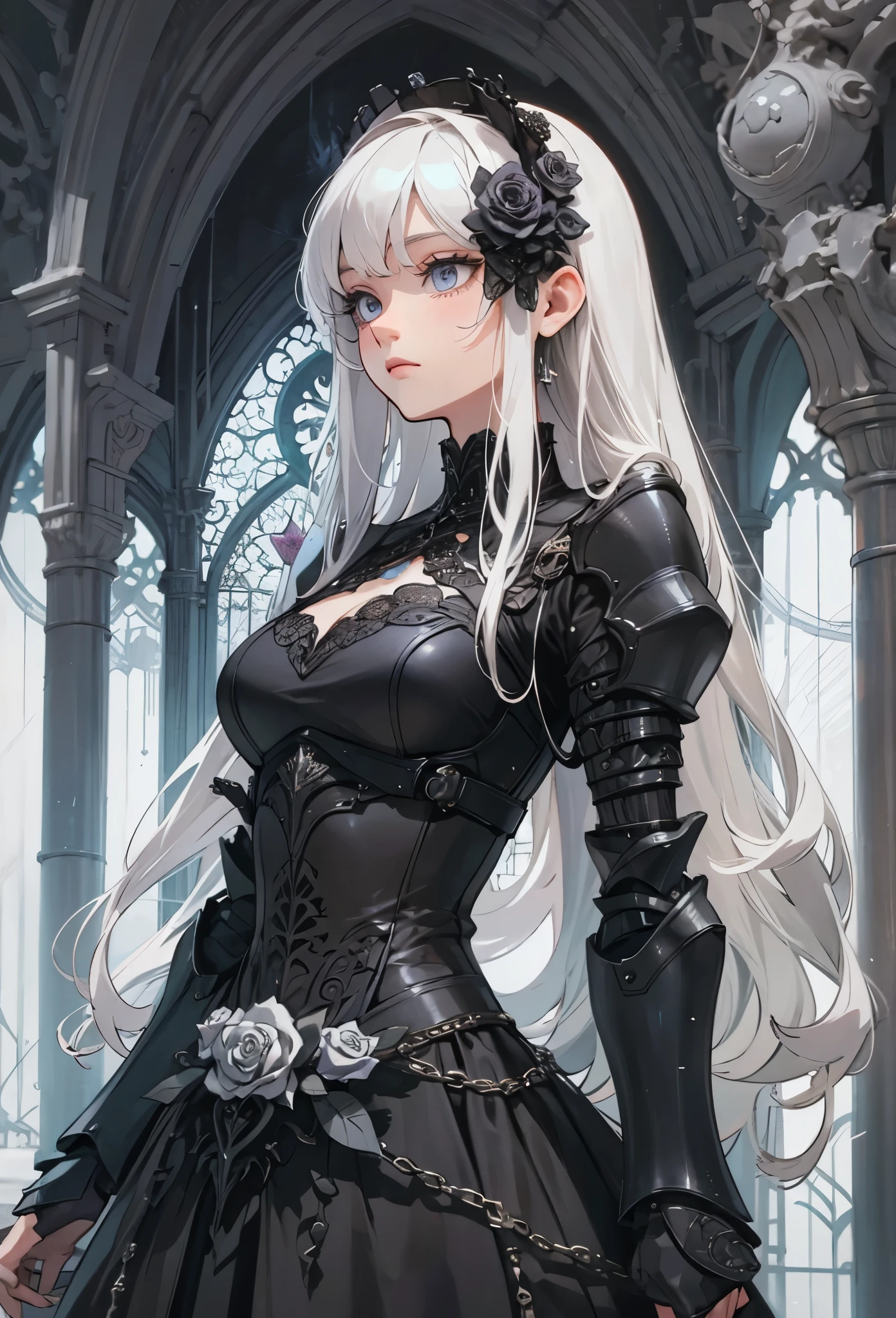 (Detailed illustrations,Very detailed and detailed drawing,Delicate lines with slow and rapid,Realistic texture expression),[Color tressed main line],[Ruins of a super-ancient civilization],[ANIME] (MACHINEAlice Beauty ) straight long hair [AUTOMATON],([Black Rose] black dress) (Cyber Alien Armor [Through the material]) [caltrop] Lock [Titanium alloy] [[Through the material]],Cybernetic Gothic Lolita,(Intre and beautiful decoration [Dense detail]),(Fine and beautiful skin expression [transparency]),[完璧な目のdetailed (Iris beautifully drawn in every detail)[Jewel-like eyes]],[long and beautiful eyelashes],[Meticulously drawn hair [美しく艷やかな髪のdetailed]],(完璧な手のdetailed [Beautiful fingers without breakdowns [Beautiful nails]]),(Perfect Anatomy(Perfectly proportioned))[[full body portrait]],[[Design built to the highest level]][Ideal color coordination(Accurate simulation of light-material interactions)],([Precision Detail](detailed,High definition)),[Visual art that conveys a sense of narrative].