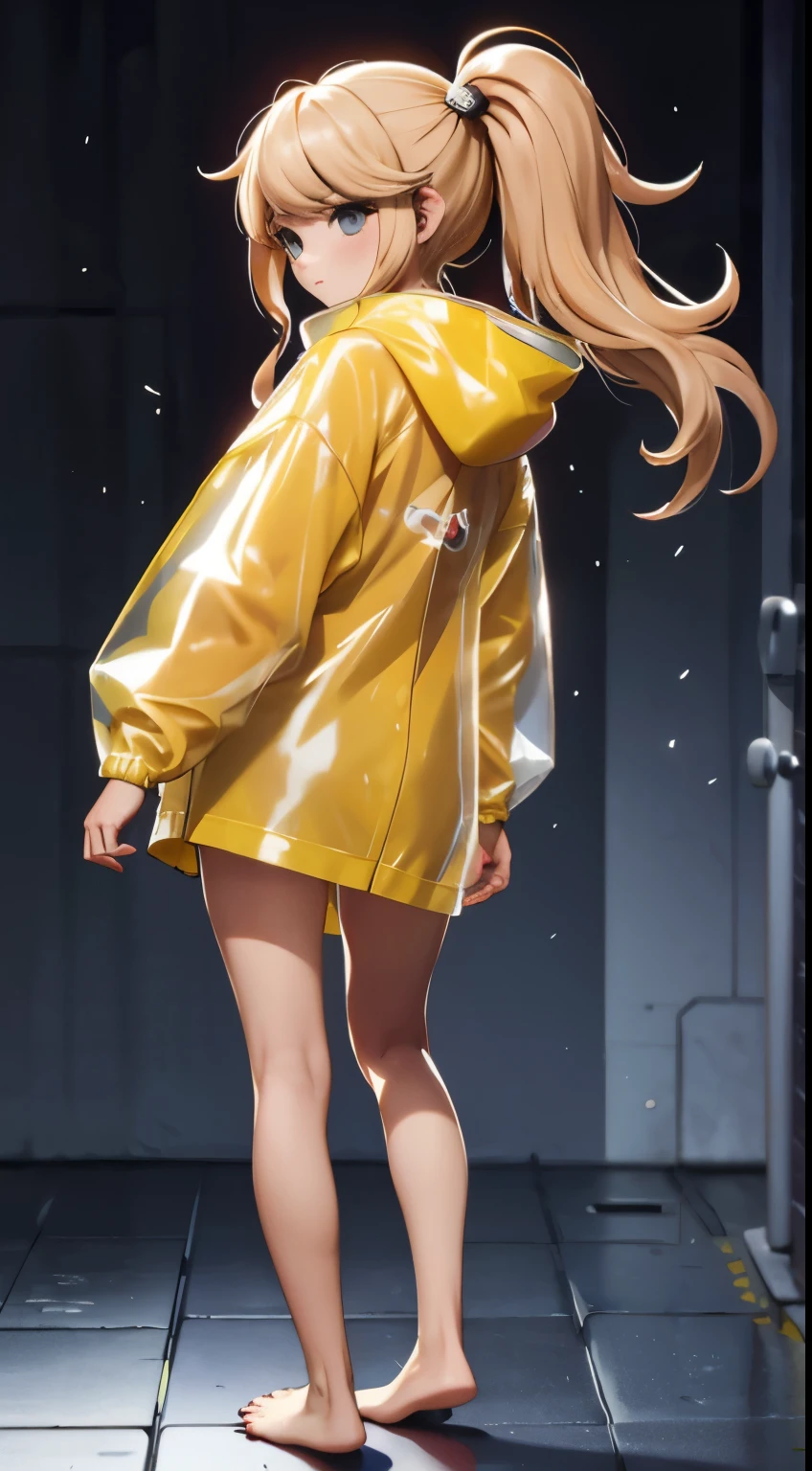 A woman in a yellow raincoat standing in a room - SeaArt AI