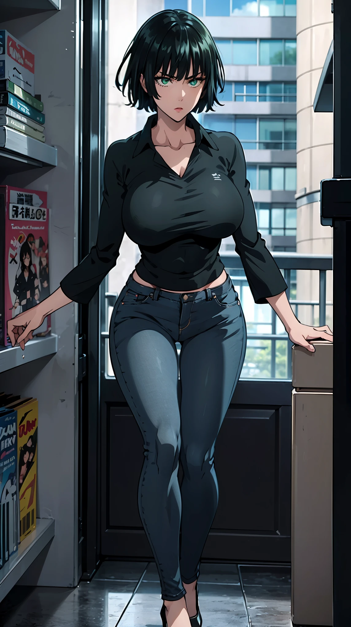 Fubuki from One Punch Man, masterpiece, best quality, 8K, UHD, ultra detailed, ,sexy pose, full body ,beatiful green eyes, beatiful hair, wearing black thight jeans , wearing a tight white box t-shirt, wearing high heels, sexy leg, sexy boobs