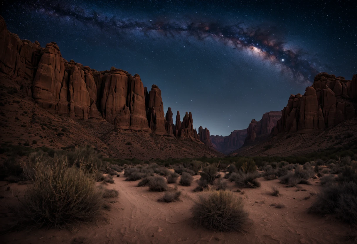 (best quality,highres:1.2),ultra-detailed,professional,realistic,night photography,Desert Canyon,moonlit landscape,captivating starry sky,dramatic rock formations,deep shadows,mysterious atmosphere,sharp focus,vivid colors,bokeh,warm color tones,dimly-lit pathway,gorgeous silhouettes,subtle light reflections,photographically stunning composition,secluded location
