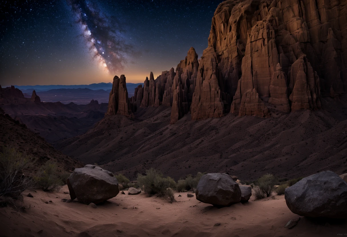 (best quality,highres:1.2),ultra-detailed,professional,realistic,night photography,Desert Canyon,moonlit landscape,captivating starry sky,dramatic rock formations,deep shadows,mysterious atmosphere,sharp focus,vivid colors,bokeh,warm color tones,dimly-lit pathway,gorgeous silhouettes,subtle light reflections,photographically stunning composition,secluded location