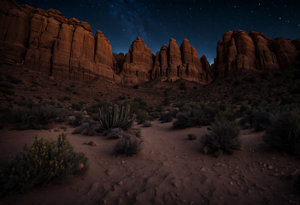 (best quality,highres:1.2),ultra-detailed,professional,realistic,night photography,Desert Canyon,moonlit landscape,captivating starry sky,dramatic rock formations,deep shadows,mysterious atmosphere,sharp focus,vivid colors,bokeh,warm color tones,dimly-lit pathway,gorgeous silhouettes,subtle light reflections,photographically stunning composition,secluded location