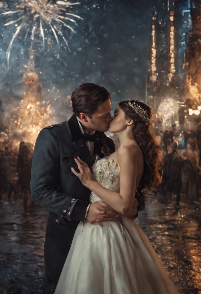 Countdown to Midnight, new year's eve, couple kissing. Epic cinematic brilliant stunning intricate meticulously detailed dramatic atmospheric maximalist digital matte painting