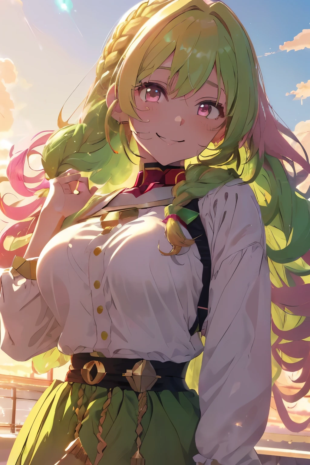 (gold and green two-tone hair:1.3),(Curly hair with a lot of fluff:1.4),(braided hair:1.3),(With bangs),(pink eyes:1.25),Slight red tide,(Beautiful breasts spilling out of clothes:1.3),(The eyes are shining brightly:1.2),(eye size:1.7),(gundam:1.4),(red body robot:1.25),(dazzling spotlight),(A soft atmosphere in the sky:1.3),(soft touch illustration:1.3),(standing in front of a robot:1.25),(I hold back my hair that is blowing in the wind with my hand),(smile:1.2),(pov from down:1.2),(slouch:1.3),(close up of face:1.3),