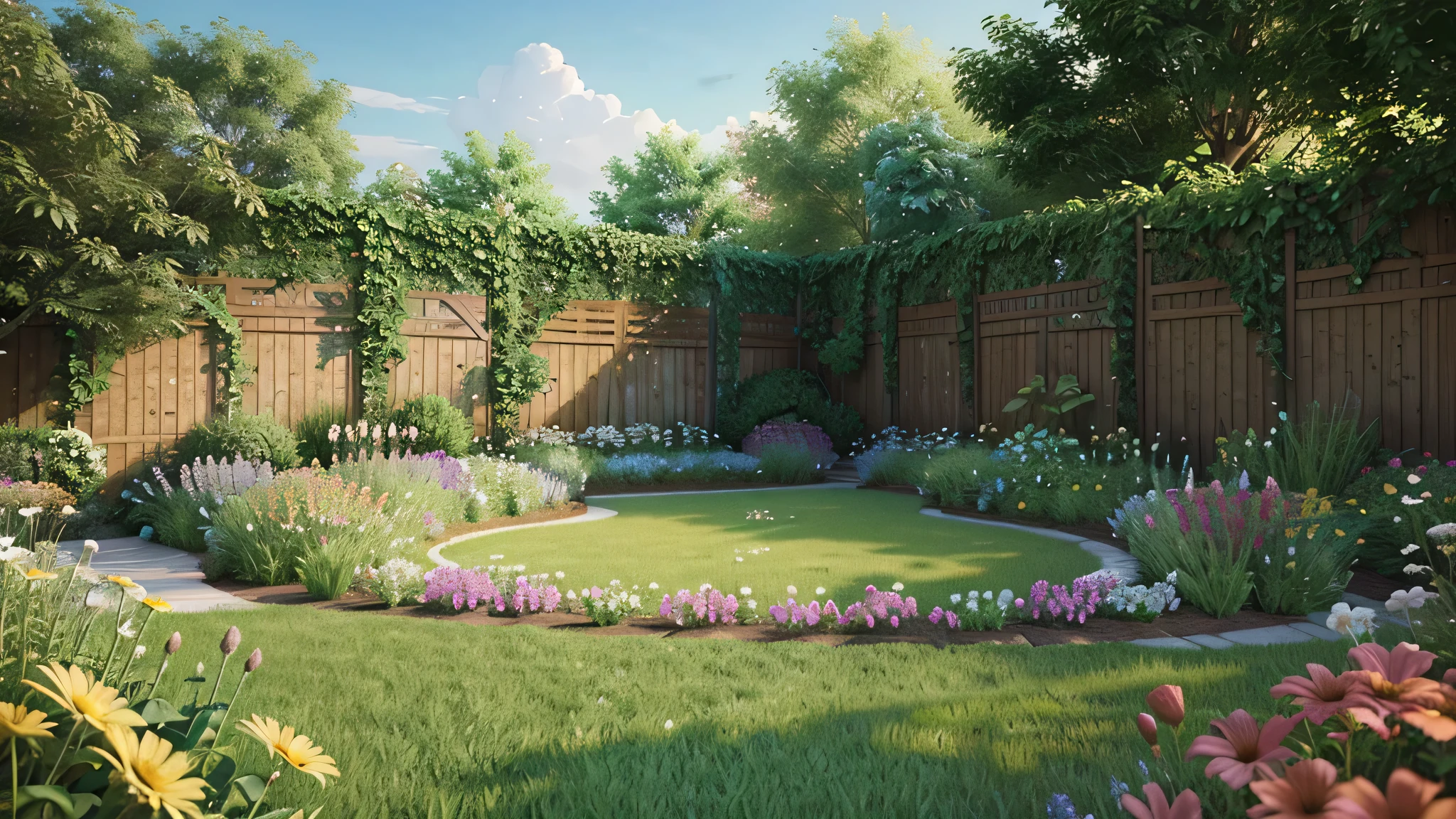 An illustration of a garden with positive thoughts as blooming flowers and negative thoughts as weeds, emphasizing the nurturing of positive thinking.