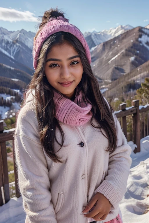 indian confident girl with pink chicks and cute face have a big eyes with sizzling lips long hairs piercing in ear and having a smile noise which to beautiful mountain view wearing winter clothes