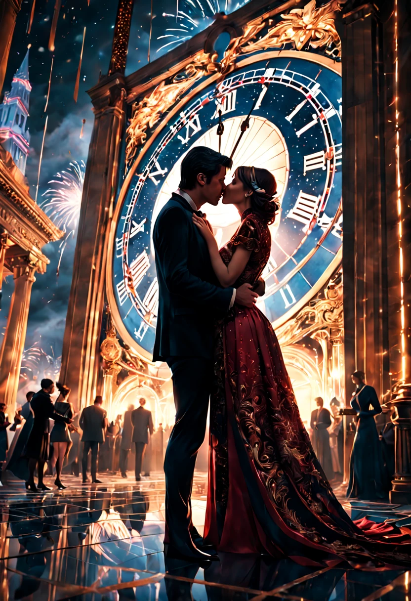 Countdown to Midnight, new year's eve, couple kissing. Epic cinematic brilliant stunning intricate meticulously detailed dramatic atmospheric maximalist digital matte painting