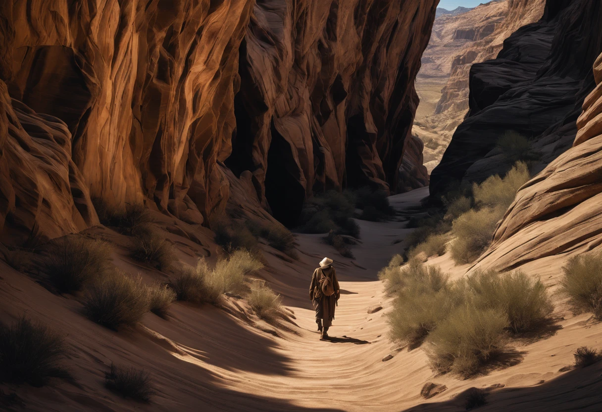 Intricate Craggy adventure, paths decending chaotically, Desert Canyon, nomadic tribe, compositional complexity, occlusive shadows, dark cinema, foreshortening, hyperrealism
