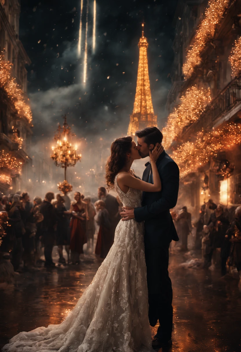 Countdown to Midnight, new year's eve, couple kissing. Epic cinematic brilliant stunning intricate meticulously detailed dramatic atmospheric maximalist digital matte painting