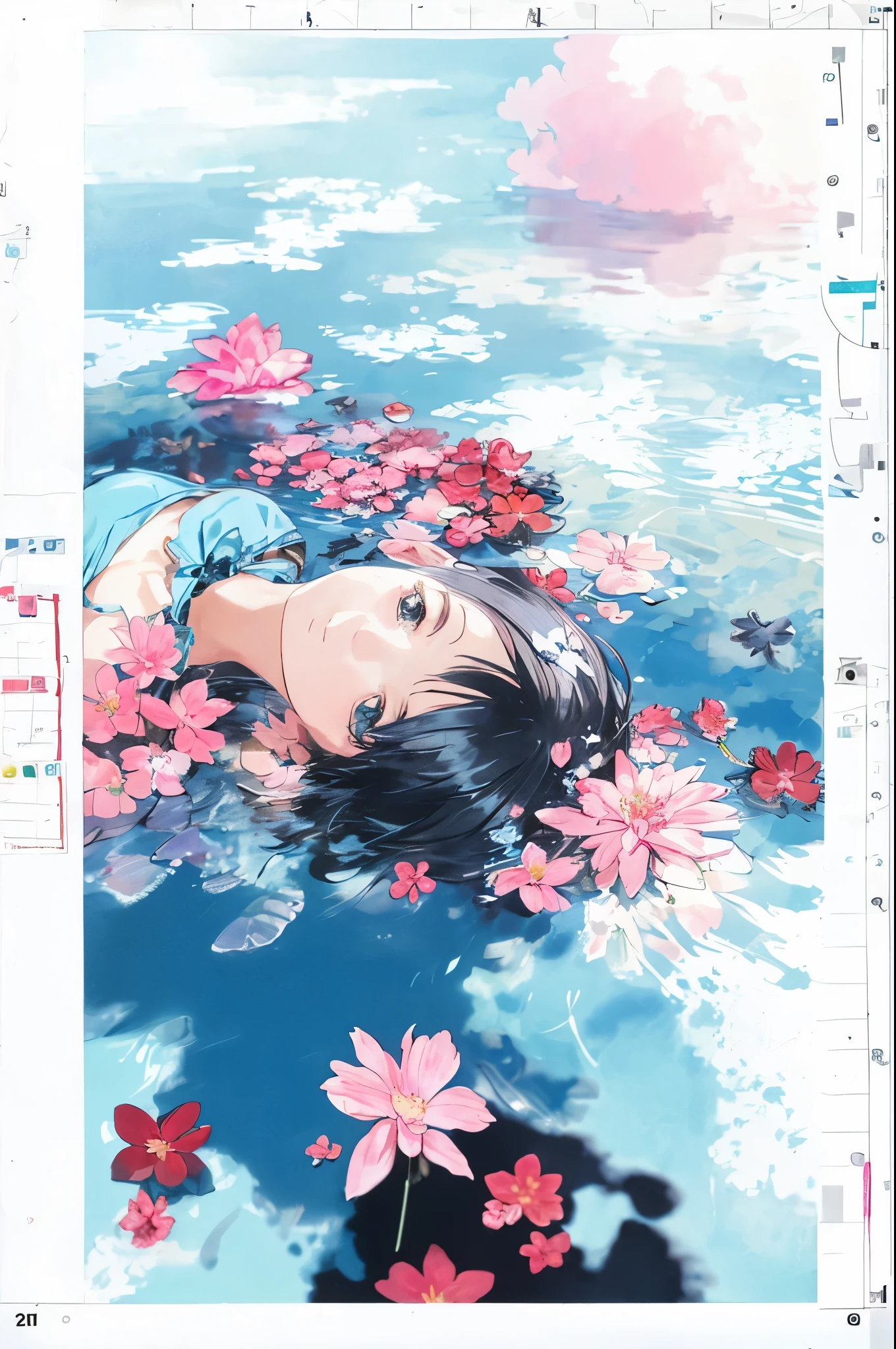 (blurry background:1.3), (blue background:1.3), (extremely detailed fine touch:1.3), (hard light, studio light, light rays, dappled light, reflection, shadows, ray tracing:1.0), (rough sketch:1.3), ///, kawaii girl, blue short hair, girly dress, night, star, milky way, horizon, sky, clouds, rainbow, stars, (milky way:1.3), wind, city, upper body, tower, black flower, (pink cloud:1.3), (red flower:1.3), lie on your back