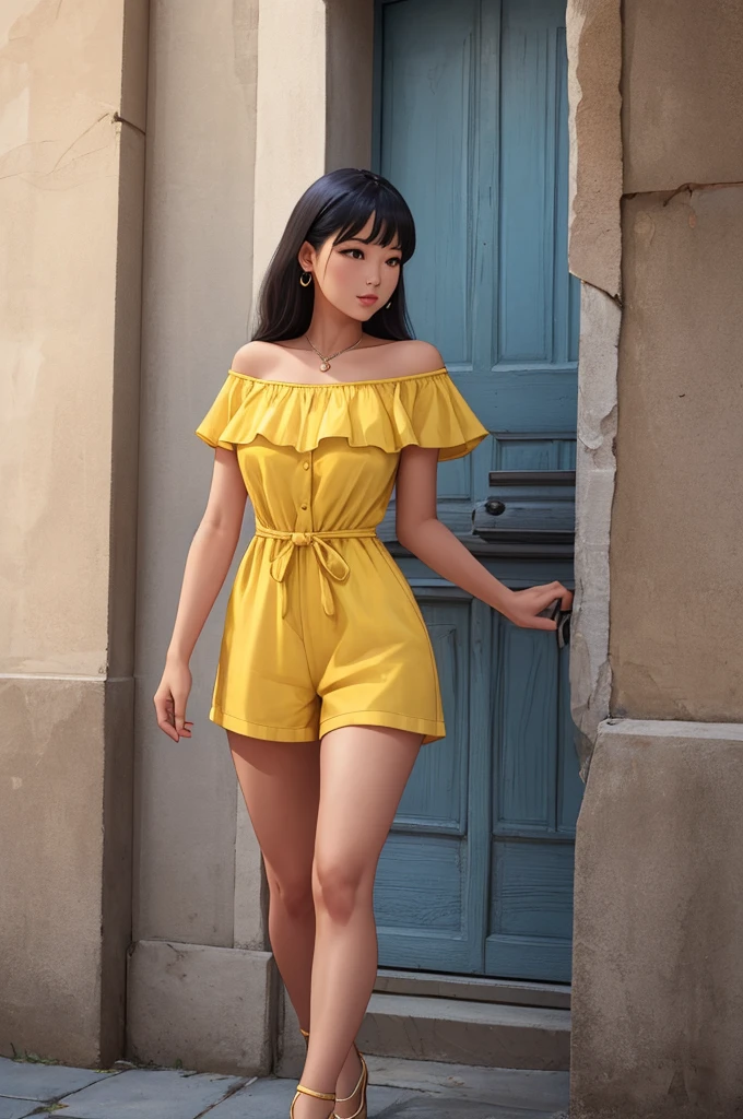 Woman, retro futurism, yellow romper