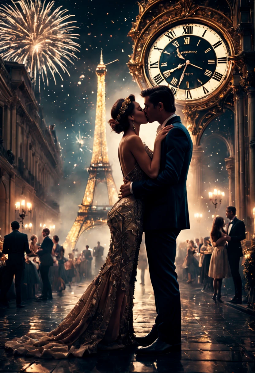 Countdown to Midnight, new year's eve, couple kissing. Epic cinematic brilliant stunning intricate meticulously detailed dramatic atmospheric maximalist digital matte painting