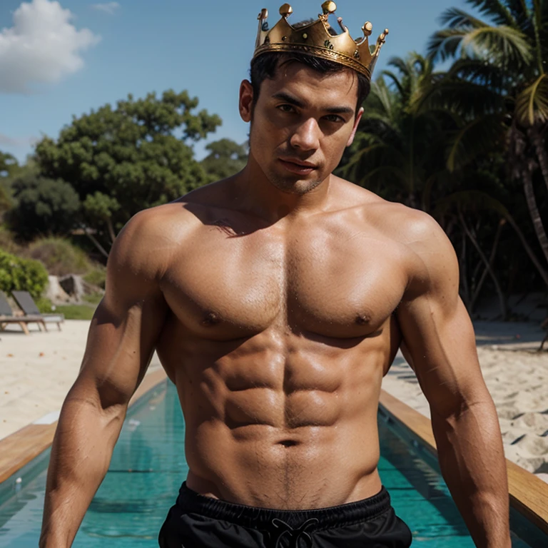 A king with a crown, with abs, with a scar named Z, in beach background