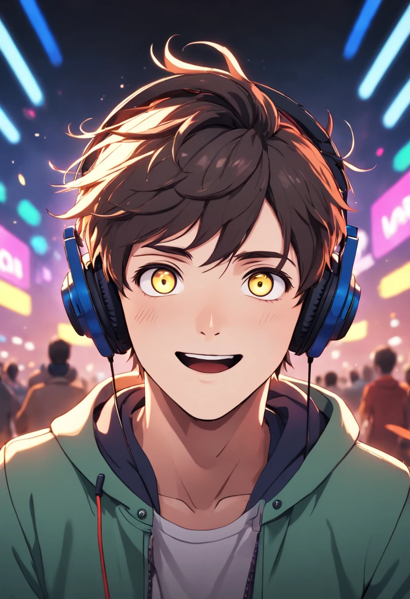 (best quality,8k,highres,masterpiece:1.2),ultra-detailed,realistic, anime style, vibrant colors, soft lighting,half-body shot, detailed eyes and face, headphones, gaming setup, joyful expression, dynamic pose, blurred background, glowing effects, immersive atmosphere, futuristic vibe, youthful energy, boy