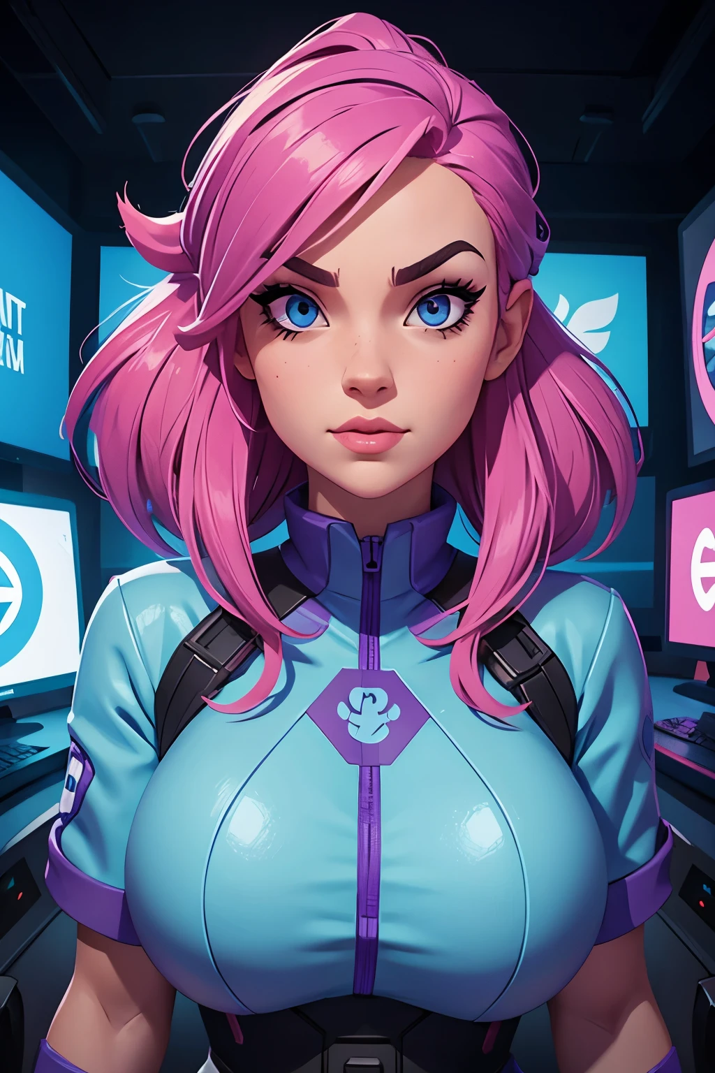 digital avatar for social media, quirky gamer girl, large bust, looking straight at the camera, subtle shading, colorful