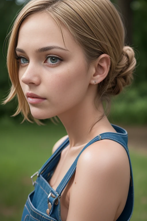 (Raw foto:1.2), (Photorealsitic:1.4), a beautiful detailed girl, extremely detailed eye and face, beatiful detailed eyes, Ridiculous, unbelievable Ridiculous, huge filesize, ultra-detailliert, hight resolution, ighly detailed, top-quality, ​masterpiece, Hyper High Detail, Cinematic lighting，From Side ,Modern， Full body like，refined face，kawaii faces，Skin reflection，25 years old female，slimfigure，A slender,cropped shoulders，Outside,((Woman in overalls)),wetted skin:1.5,Wheat-toned skin