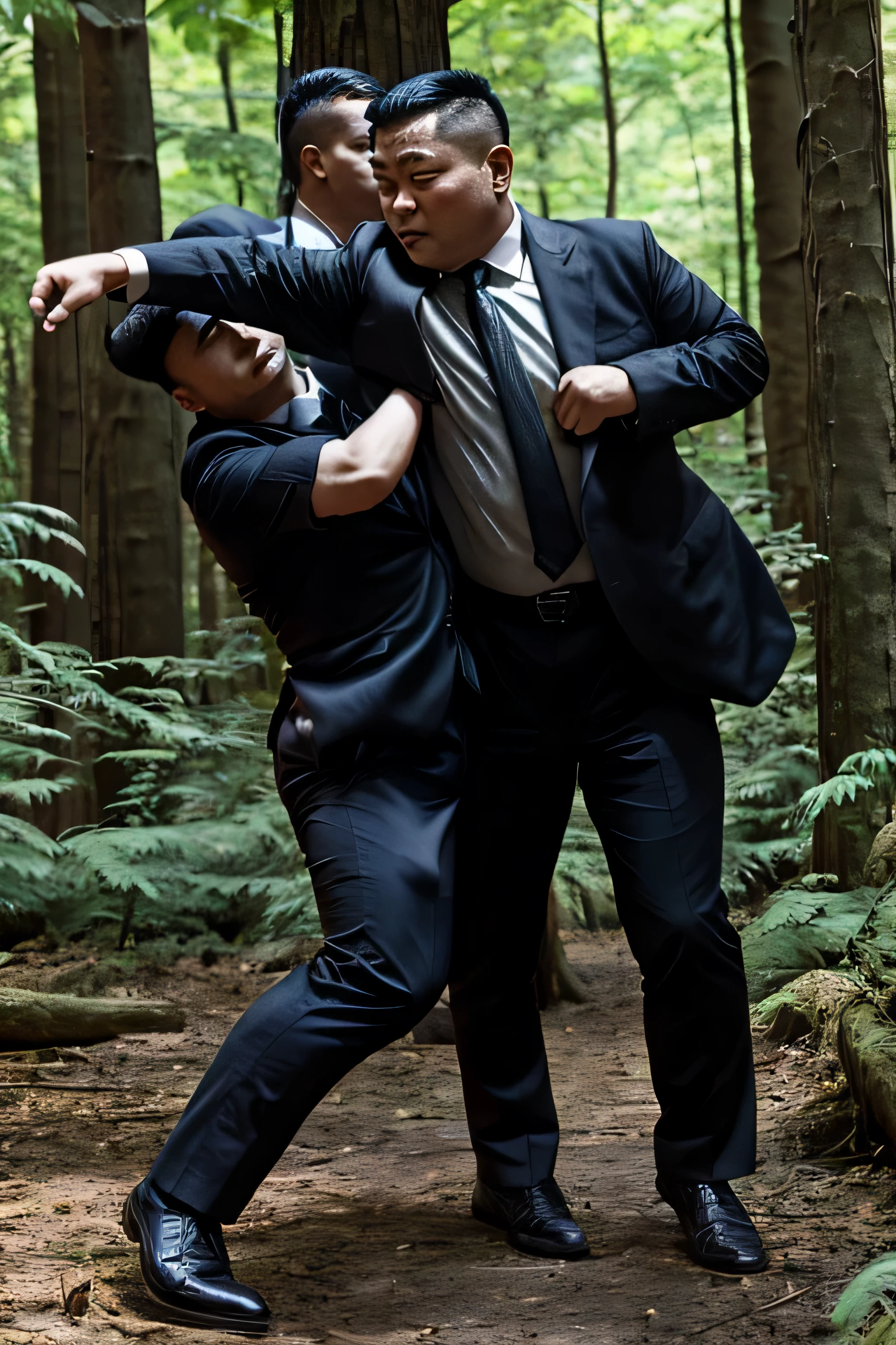 wear suit，Wear a black tie, Two fat Chinese mature middle-aged men，Put your hands on your belly，fighting in the forest