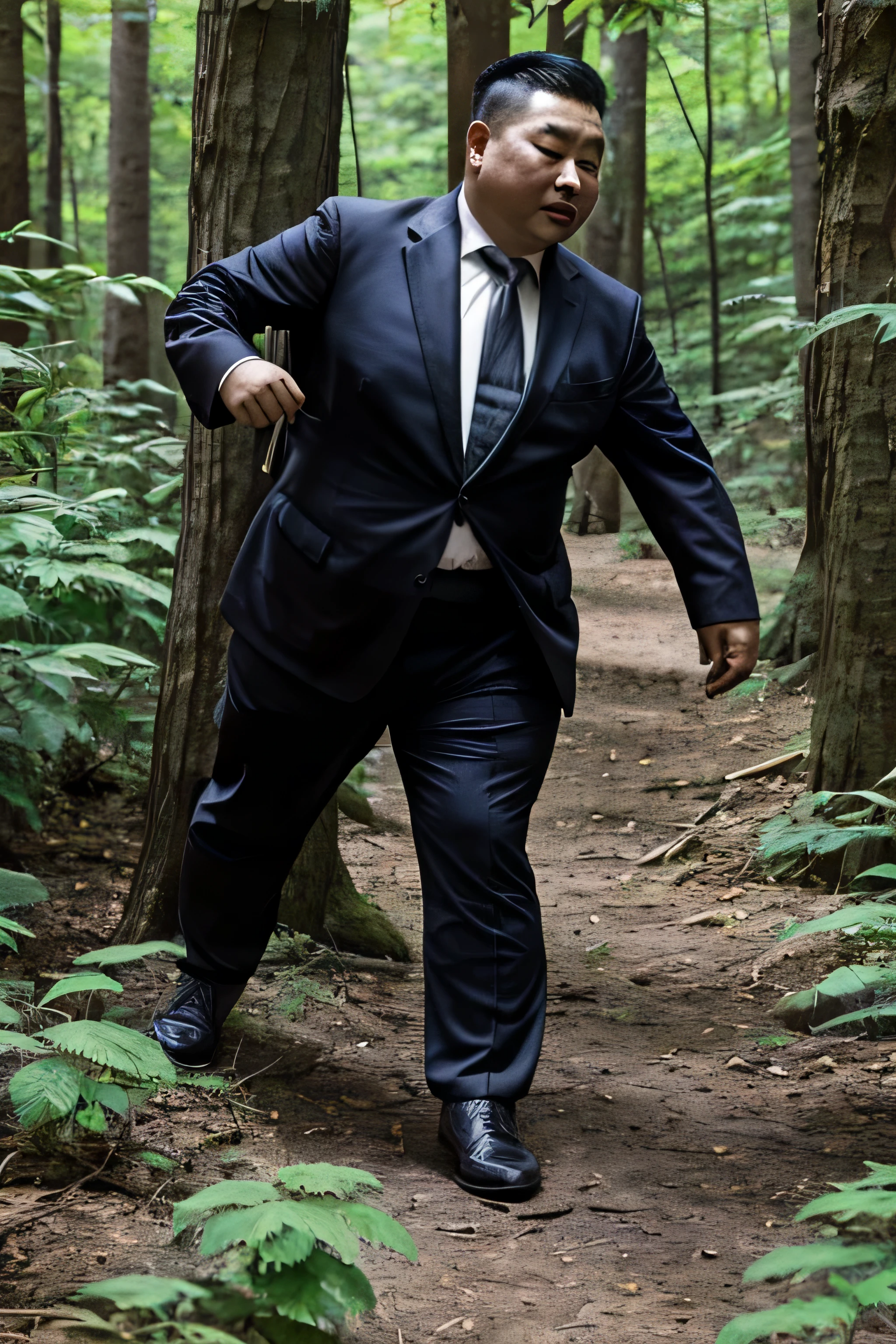 wear suit，Wear a black tie, Fat Chinese mature middle-aged man with security guard，fighting in the forest