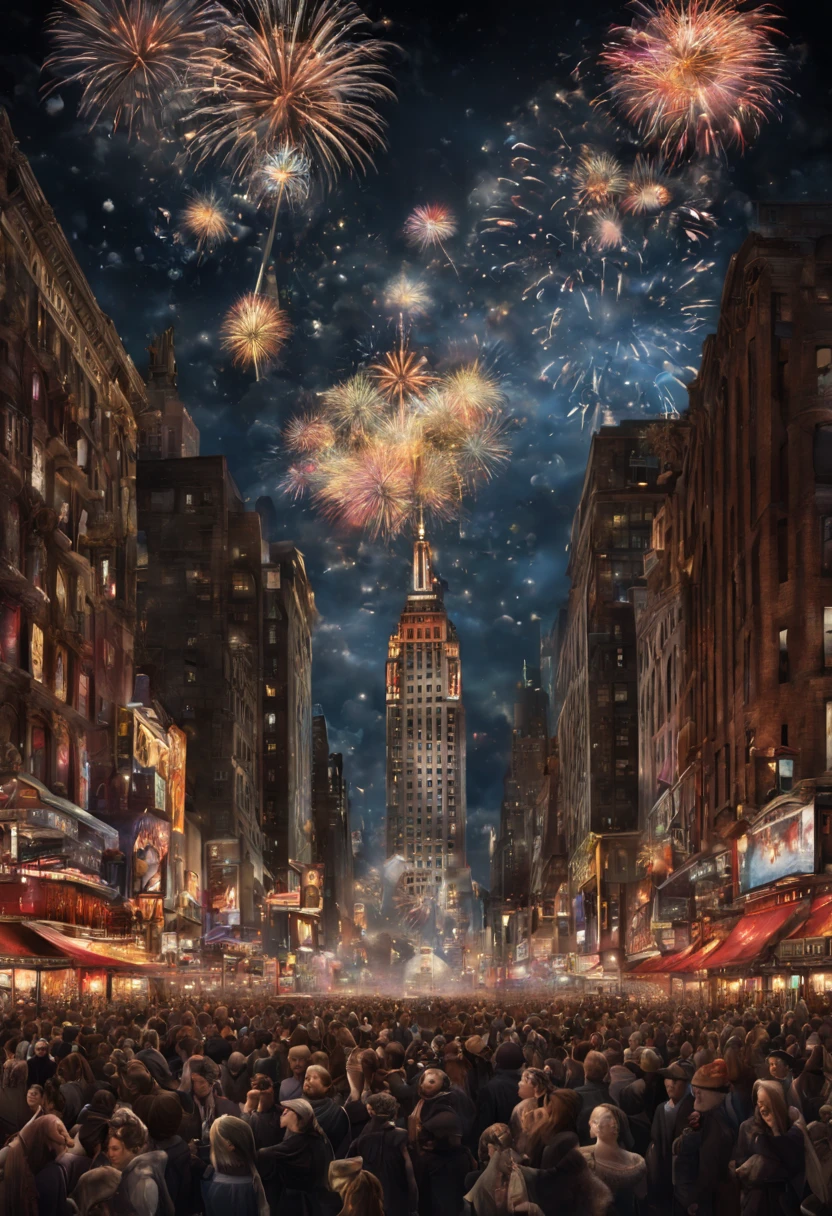 ticking clocks and hourglasses calendars and fireworks illuminating the night sky and the bustling excitement celebratory scenes of a crowd awaiting the New Year with champagne toasts and the iconic ball drop in New York City, Epic cinematic brilliant stunning intricate meticulously detailed dramatic atmospheric maximalist digital matte painting