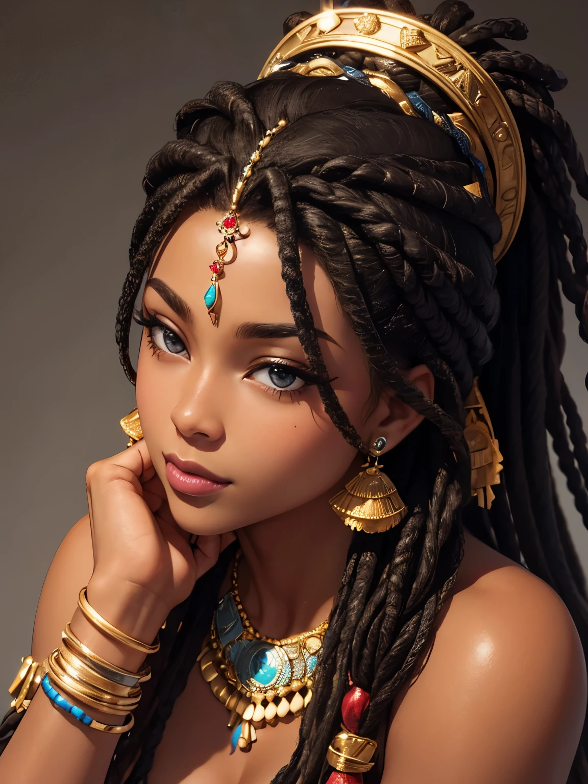((best quality)), ((masterpiece)), (detailed), (close up), (headshot), dark skin, perfect face beautiful African woman with beaded dreads laying on her shoulders, looking over her shoulder smiling, with a Panthers head rubbing her face, HDR, 4K, 3D