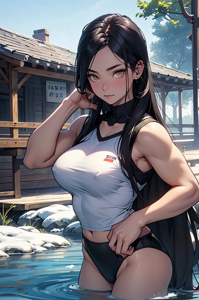 1 girl, black hair, yellow eyes, very long hair, pale skin, curvy, (extremely muscular), perky breasts, frozen lake, belo rosto detalhado, belos olhos, belas coxas, coxas lindas