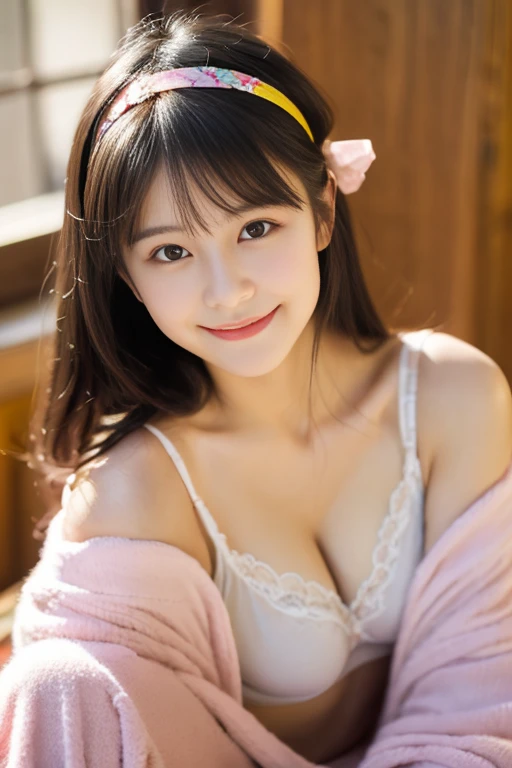 (((masterpiece))), (((full body photo))),(one beautiful japanese girl, innocence,cute) ,ultra high resolution, Reality, Super detailed, 8K,highest quality, Extremely detailed, blurry background,slender,small breasts,(very beautiful japanese girl, detailed face:1.3), ((bob hair,hair band,black hair :1.4)), (,cute系,adorable 10 year ois short), (perfect body:1.1),(fluffy pajamas),cute pose,Beautiful smile,Pose with movement,rosy cheeks,super detailed face、detailed lips、detailed eyes、small gravure idol,transparent skin、Shining beautiful skin,lolita,no makeup,(Super high resolution),(perfect limbs、perfect anatomy),Colors and landscapes of youth、premonition of love,expressive eyes,Bright colors, soft lighting, digital illustration,happy atmosphere,inside the room,big tatami room
