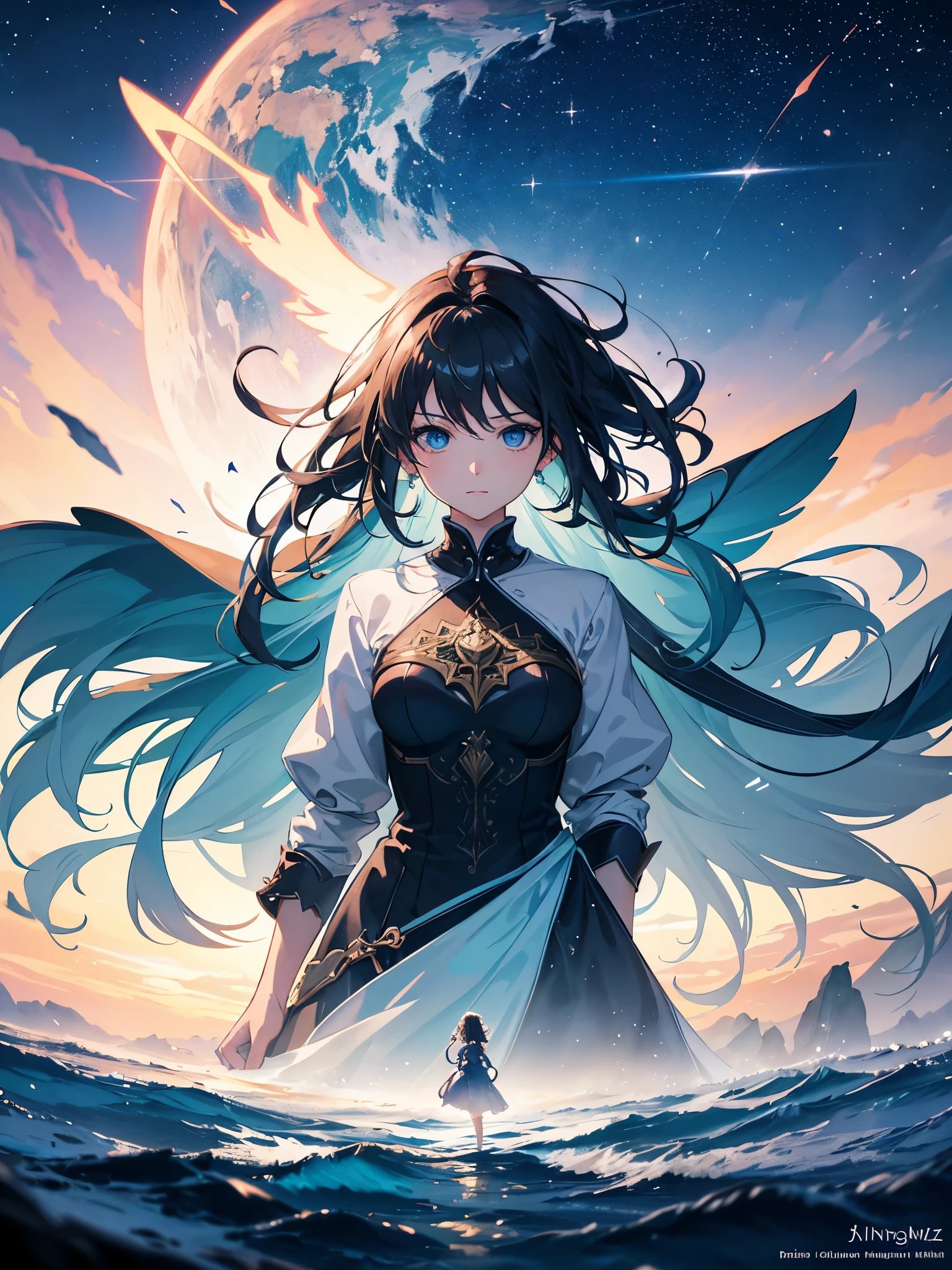 A detailed girl with beautiful eyes, a close-up view, surrounded by a stunning night sky filled with shooting stars and captivating clouds. She stands on a wide angelic structure, reflecting on the scene beyond the layers of water. The atmosphere is mesmerizing, with breathtaking cloud formations and a wide-angle perspective. The artwork is inspired by the works of Makoto Shinkai, Thomas Kinkade, and James Jean, showcasing their distinctive styles in a holosomnialandscape. The image is of the highest quality, featuring high dynamic range (HDR), volumetric lighting, and ray tracing to create a complex and immersive environment. The level of detail is extraordinarily intricate, with every aspect carefully crafted. The artwork captures the essence of the extraordinary, with a 4k vertical wallpaper format that showcases vibrant colors, an airy feel, and an anime-inspired illustration of the beauty of nature.