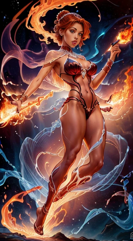 ((full body)), (((head to toe))), beautiful blushing slender Bride of fire with chignon ginger, against fire flame background, fire brassiere, loincloth, garnet necklace, garnet tiara, fire veil, (((American comic style with dark contours))), (((art by J. Scott Campbell)))