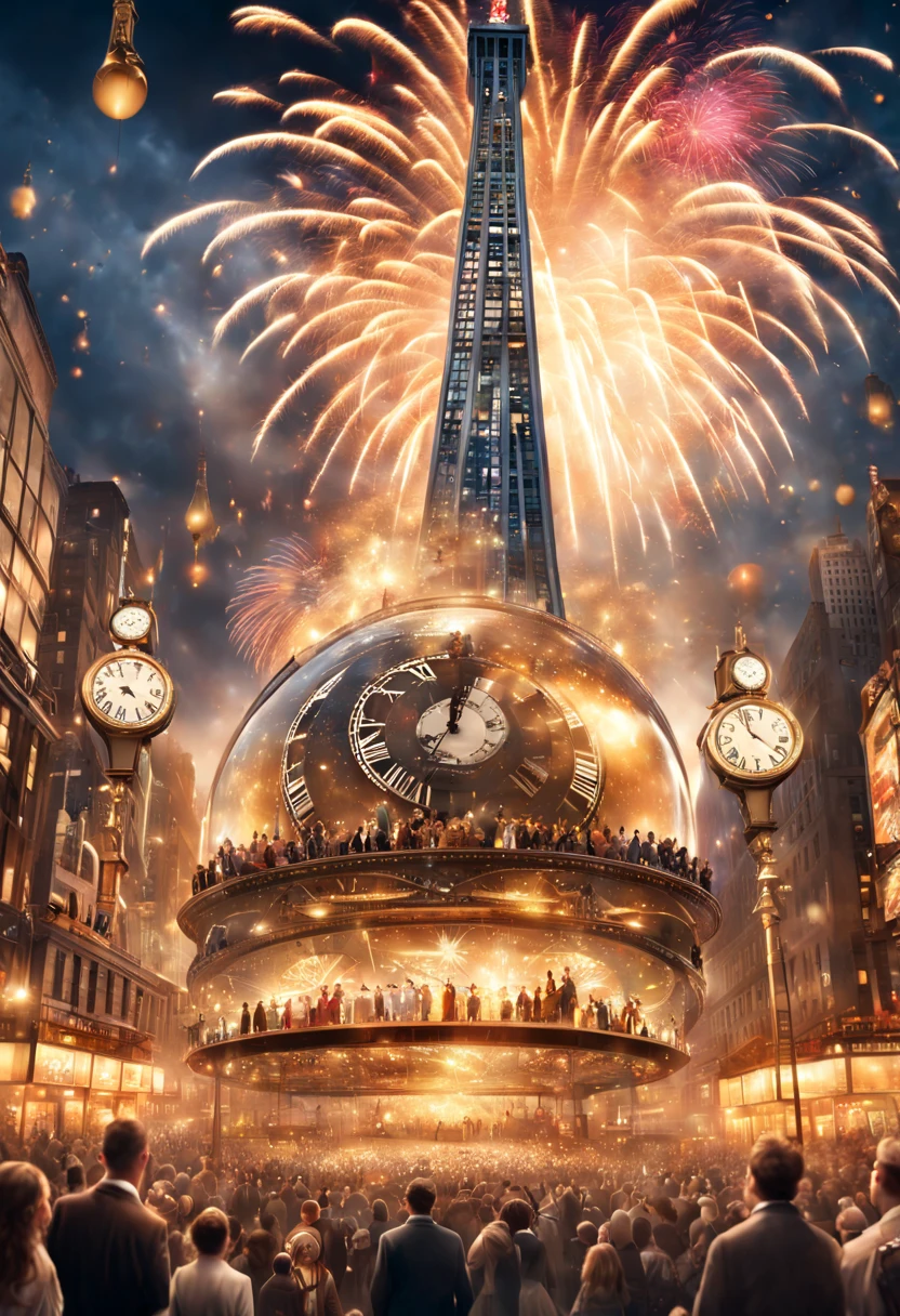 ticking clocks and hourglasses calendars and fireworks illuminating the night sky and the bustling excitement celebratory scenes of a crowd awaiting the New Year with champagne toasts and the iconic ball drop in New York City, Epic cinematic brilliant stunning intricate meticulously detailed dramatic atmospheric maximalist digital matte painting