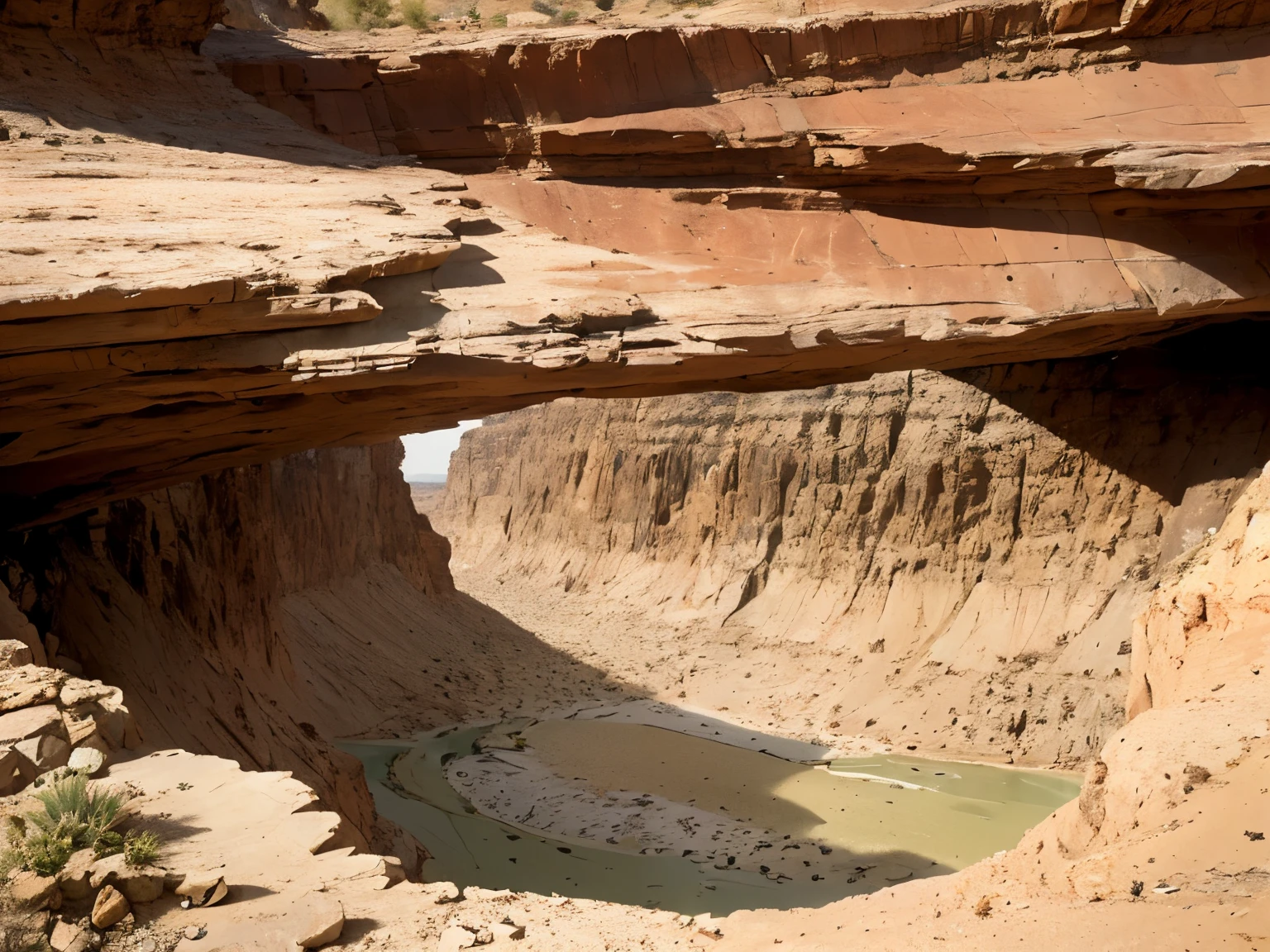 desert canyon,in a dry canyon, between sedimentary deposits, gravelly desert, in dry rocky desert, between canyons, canyon in mountains, extremely dry desert, In a big desert cave, cactus,desert plants,dry arch, abyss, subtle details