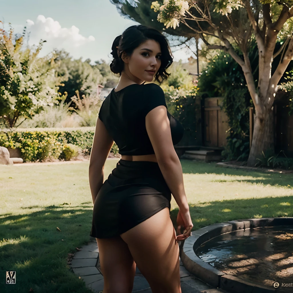 Highly detailed photo of a gorgeous woman viewed from behind , ((standing up)) , leg up, lifting up skirt, full body shot, sexy, plump, perfect body, casual clothes, black top, deep cleavage, black vintage skirt, long dress, girl next door, smile, face (gemma arterton | jessica henwick | angela white | kirsten dunst) , red hair, short hair, hair attached, hair bun, white skin, big natural breasts, long saggy breasts, gigantic sagging breasts, round ass, ((vulva)) , (((hairy pussy))) , outdoor, shade, natural lighting, F/22, iPhone X,