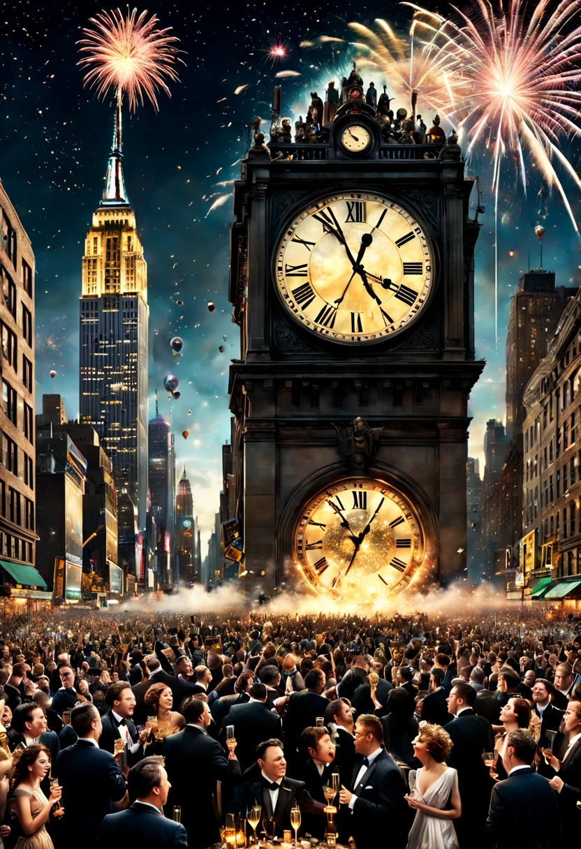 ticking clocks and hourglasses calendars and fireworks illuminating the night sky and the bustling excitement celebratory scenes of a crowd awaiting the New Year with champagne toasts and the iconic ball drop in New York City, Epic cinematic brilliant stunning intricate meticulously detailed dramatic atmospheric maximalist digital matte painting