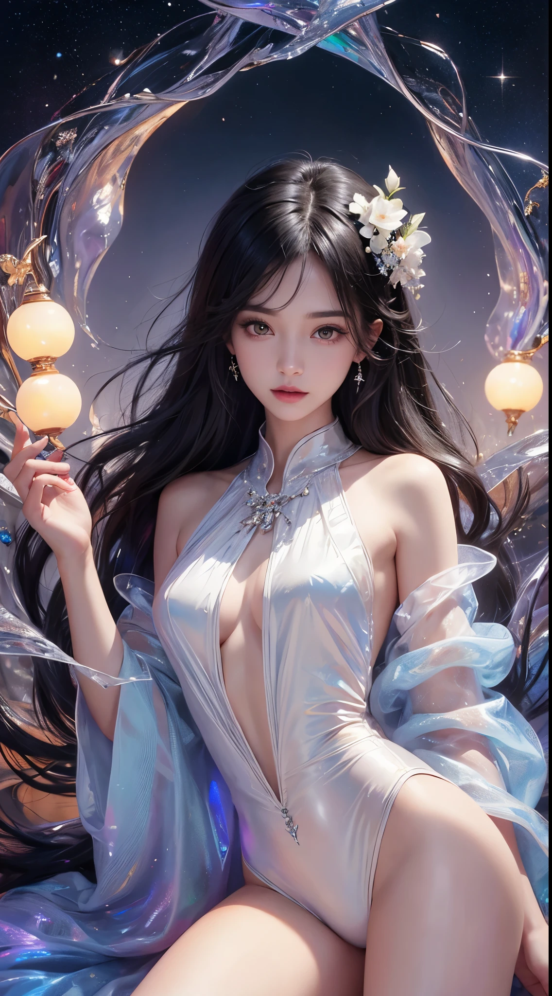 1girll,(enchanced quality:1.4),(Top quality true texture skin), Delicate face,Black hair, Gradient hair, Petite body,(perfect bodies:1.1), There are precious stones on the forehead, rimless eyewears, Sparkling pupils,long eyelasher,grin, hyper photorealism, Cinematic lighting, projected inset, surrealism, hyper HD, Masterpiece, 16k,Lie down,dream on,Wear transparent silk pajamas,Carmelto,Legs slightly open,Tattooed with,Fantasy space,Luxurious space