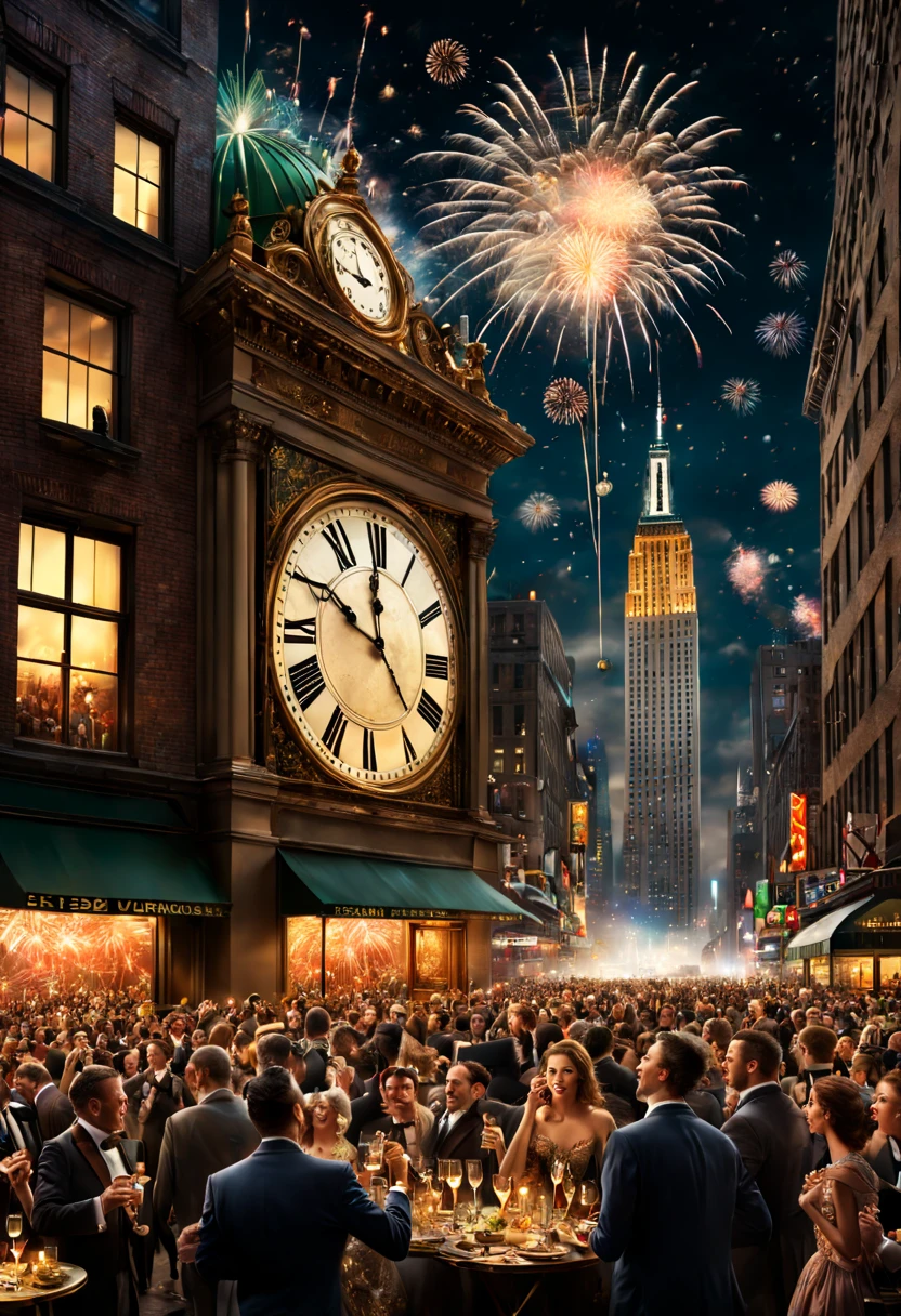 ticking clocks and hourglasses calendars and fireworks illuminating the night sky and the bustling excitement celebratory scenes of a crowd awaiting the New Year with champagne toasts and the iconic ball drop in New York City, Epic cinematic brilliant stunning intricate meticulously detailed dramatic atmospheric maximalist digital matte painting