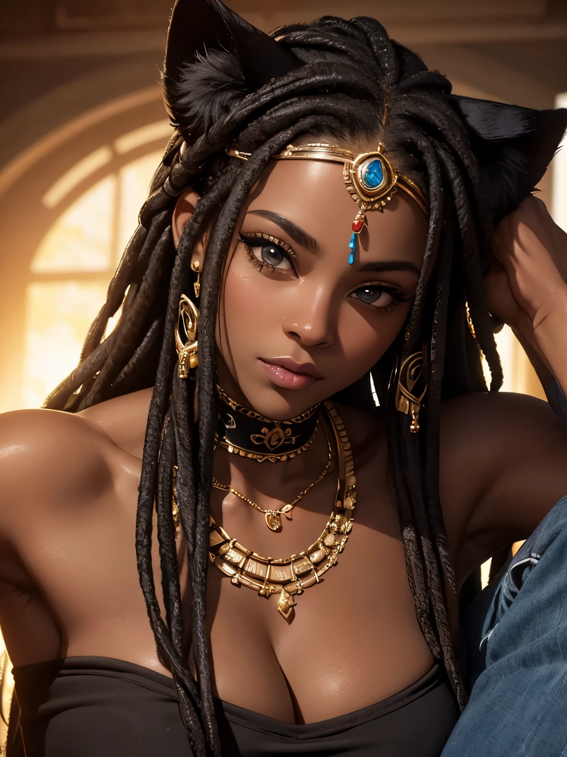 ((best quality)), ((masterpiece)), (detailed), (close up), (headshot), dark skin, perfect face beautiful African woman with beaded dreads laying on her shoulders, snuggling a panther, with a Panthers head rubbing her face, HDR, 4K, 3D