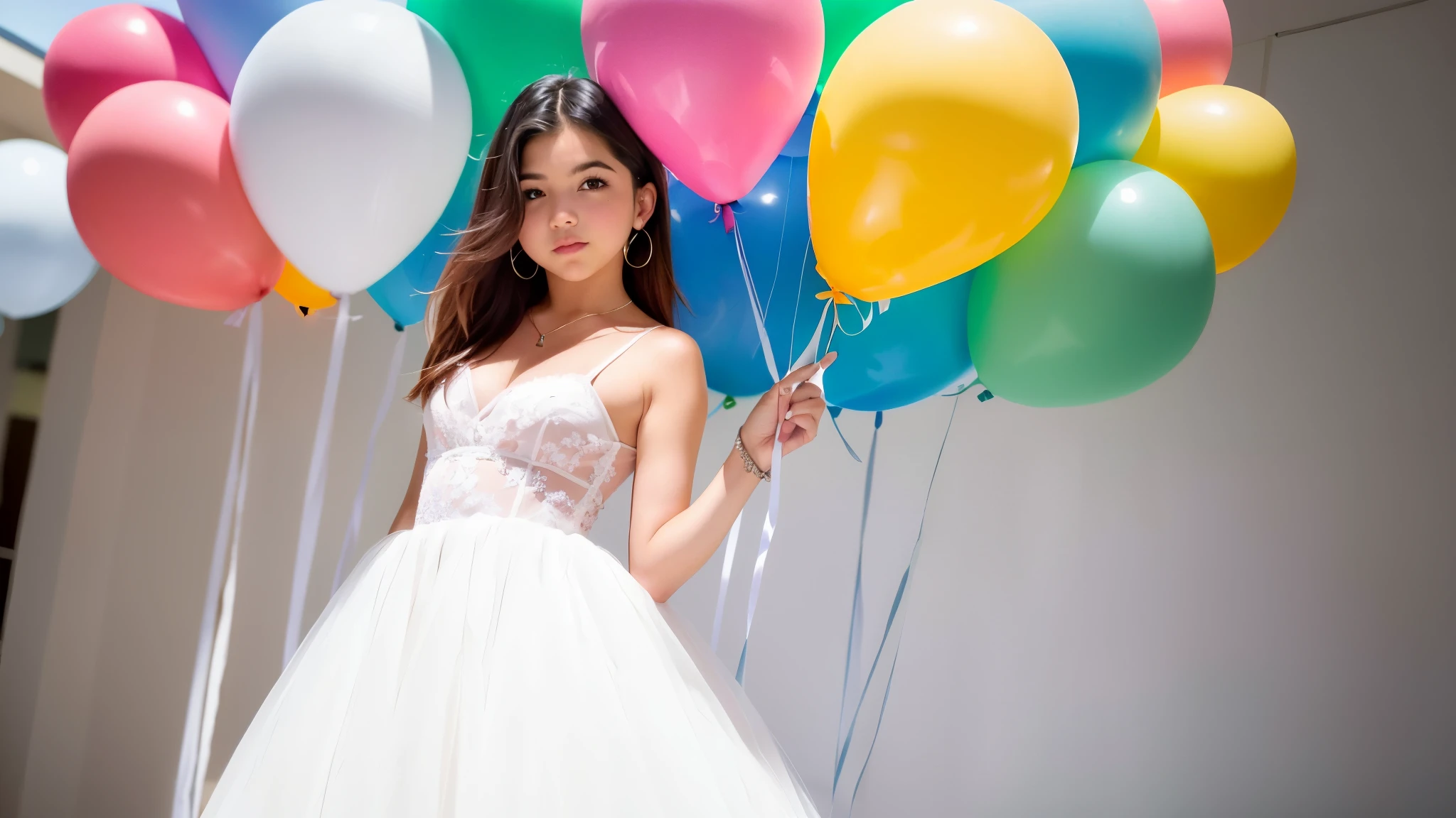  a CHILD GIRL with a white dress and a bunch of balloons, linda jovem modelo, Isabela Moner, roupa branca inchada, , em roupas brancas, nodded, photoshoot, moderno e elegante glamour tutu, garota jovem e fofa, saia branca, jossi do blackpink, wearing saia branca, 
