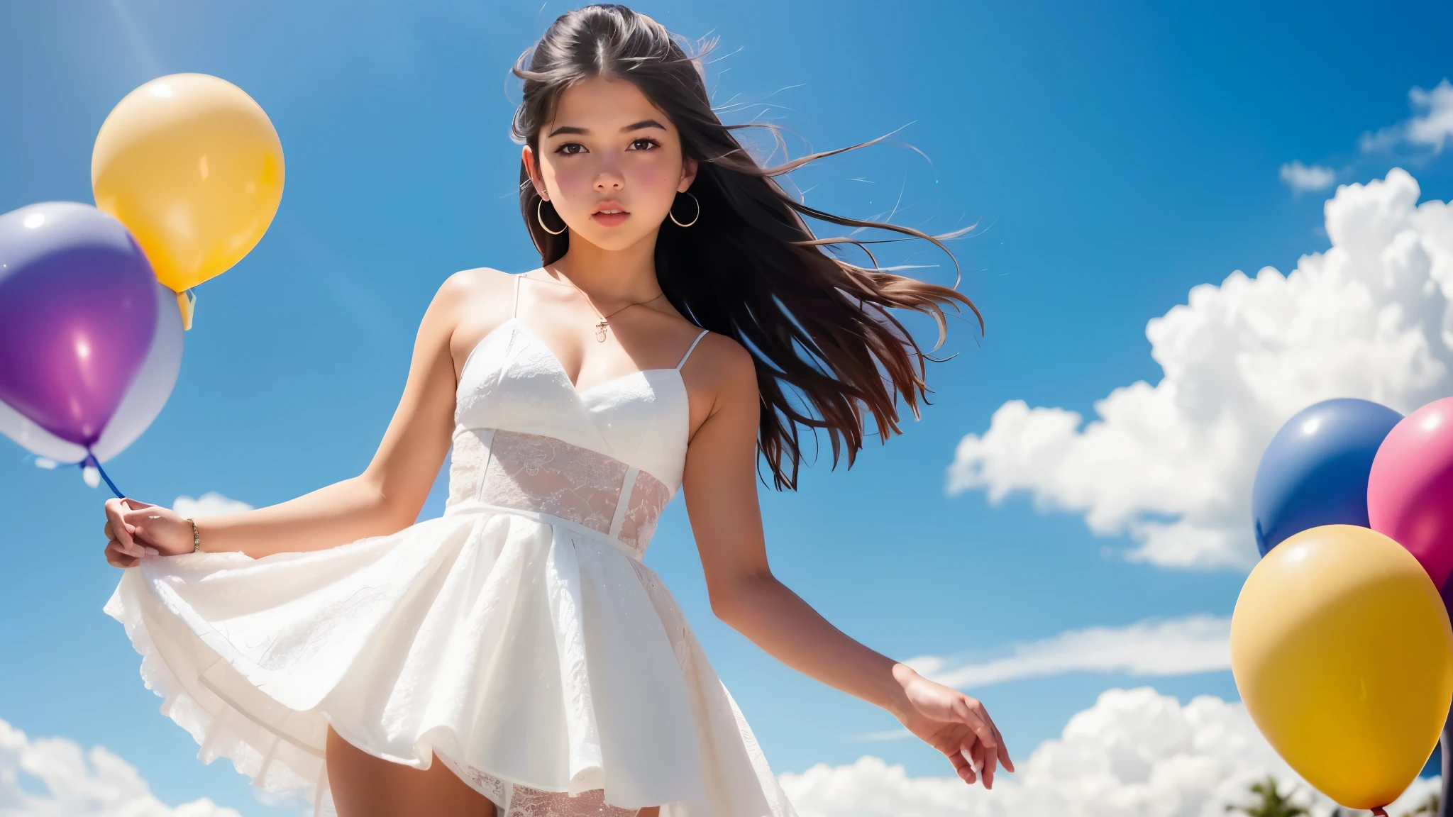  a CHILD GIRL with a white dress and a bunch of balloons, linda jovem modelo, Isabela Moner, roupa branca inchada, , em roupas brancas, nodded, photoshoot, moderno e elegante glamour tutu, garota jovem e fofa, saia branca, jossi do blackpink, wearing saia branca, 
