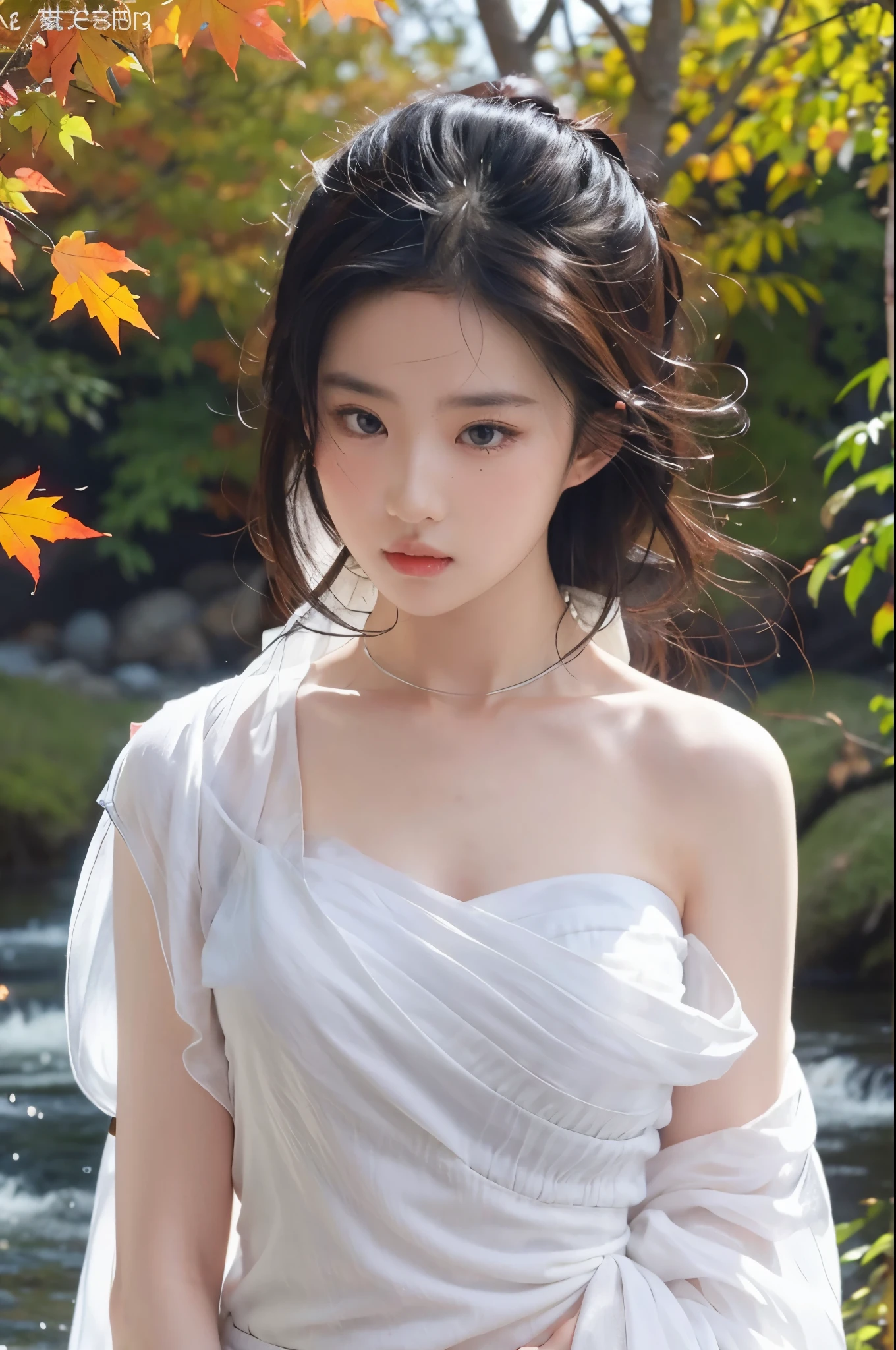 Detailed facial skin details Extremely detailed CG,((8K_wallpaper)),(((masterpiece))),((best quality)),watercolor_(Moderate),((Autumn maple forest)),,looking at the audience,((extremely detailed face)),((An extremely delicate and beautiful girl)),((Very detailed and cute anime faces and very detailed eyes, extremely detailed body))),best quality,(((big bust))),(((Bandeau))),A little less clothes,Off the shoulders,Open waist