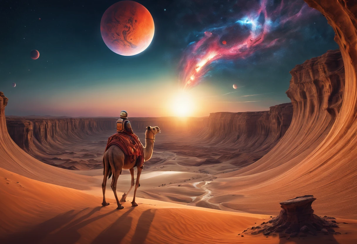 a surreal desert gaint canyon :: A nomad on camel looking at sunset eclipse on Mars at a otherworldly stunning futuristic landscape of Klimt desert gaint huge canyon with swirling marble texture, by Greg Rutkowski Alexander Jansson, digital art, miniature world, desert canyon malestrom, ((surrealism)), (abstract), futuristic background, intricately detailed, esoteric elegance, digital print, fantasy realism, 3d, UHD, HDR, bright colors, highly detailed, key light reflecting in eyes, perfect composition and lighting, phantasmagoric best quality, neural network texture, multiple double exposure, long exposure, storybook illustration, sharp focus, , 8k resolution